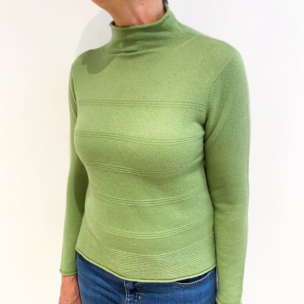 Pear Green Cashmere Funnel Neck Ribbed Stripe Jumper Medium