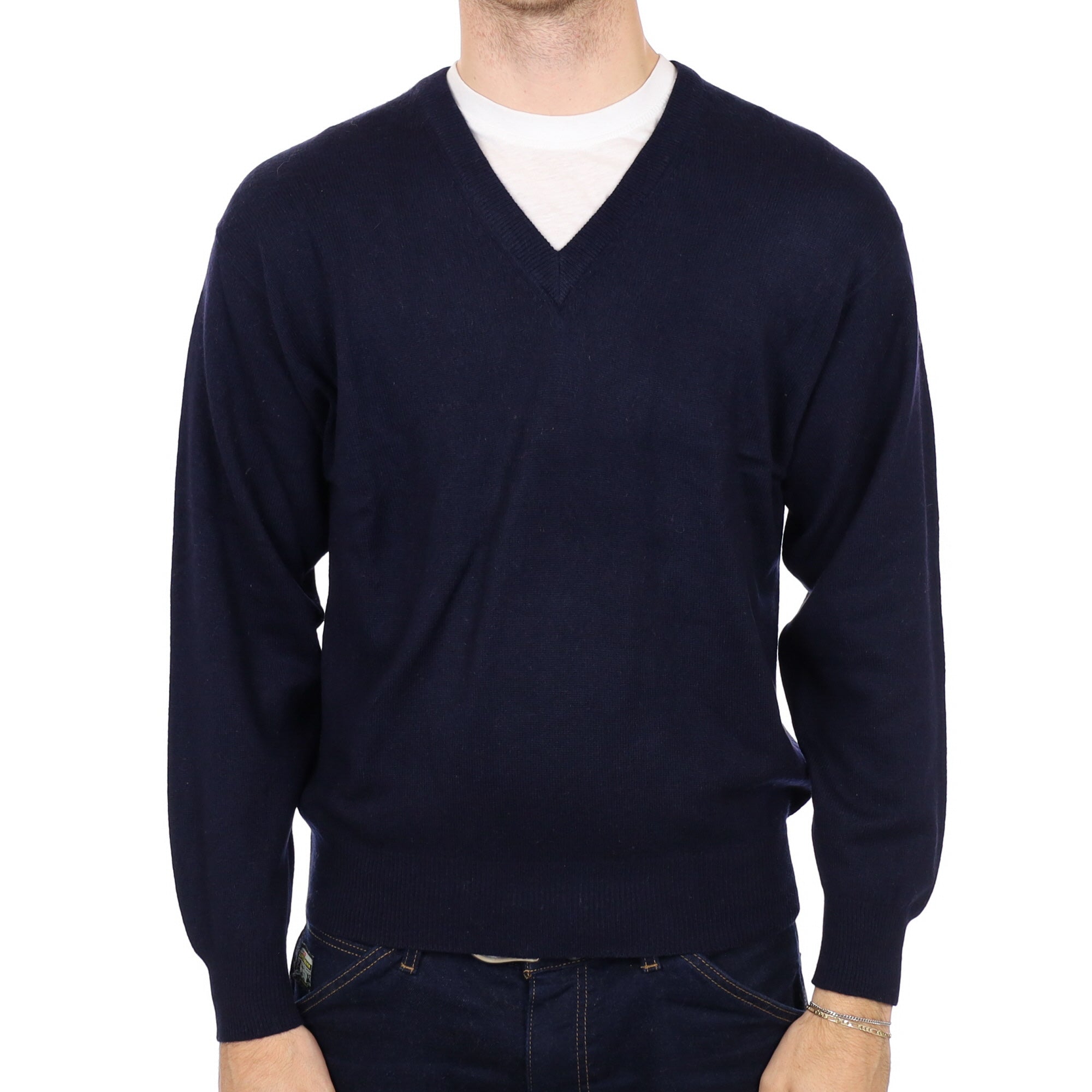 Men's Navy Blue Cashmere V Neck Jumper Medium