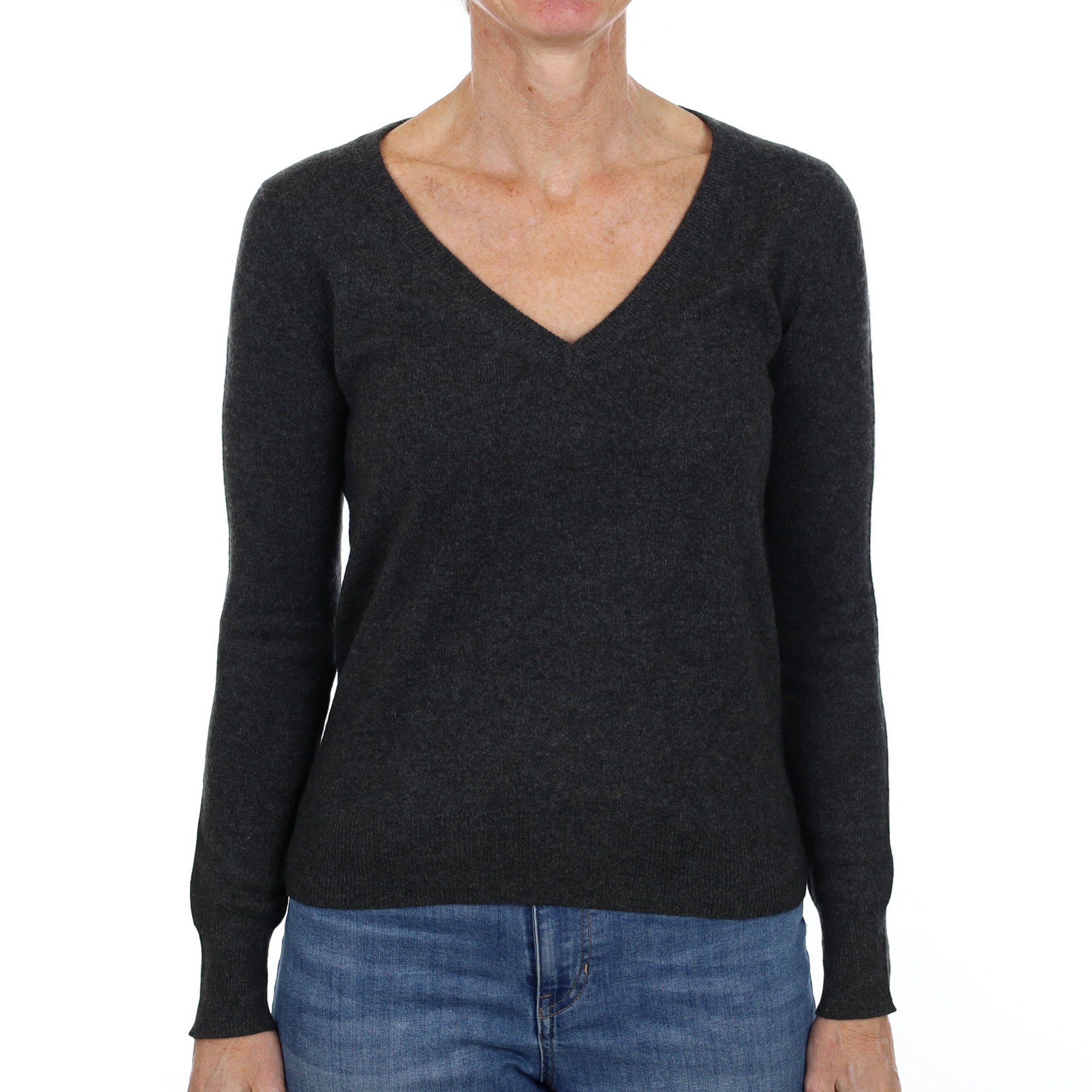 Charcoal Grey Cashmere V Neck Jumper Small