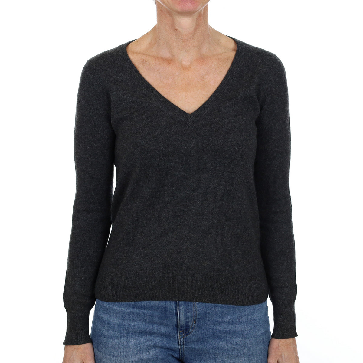Charcoal Grey Cashmere V Neck Jumper Small