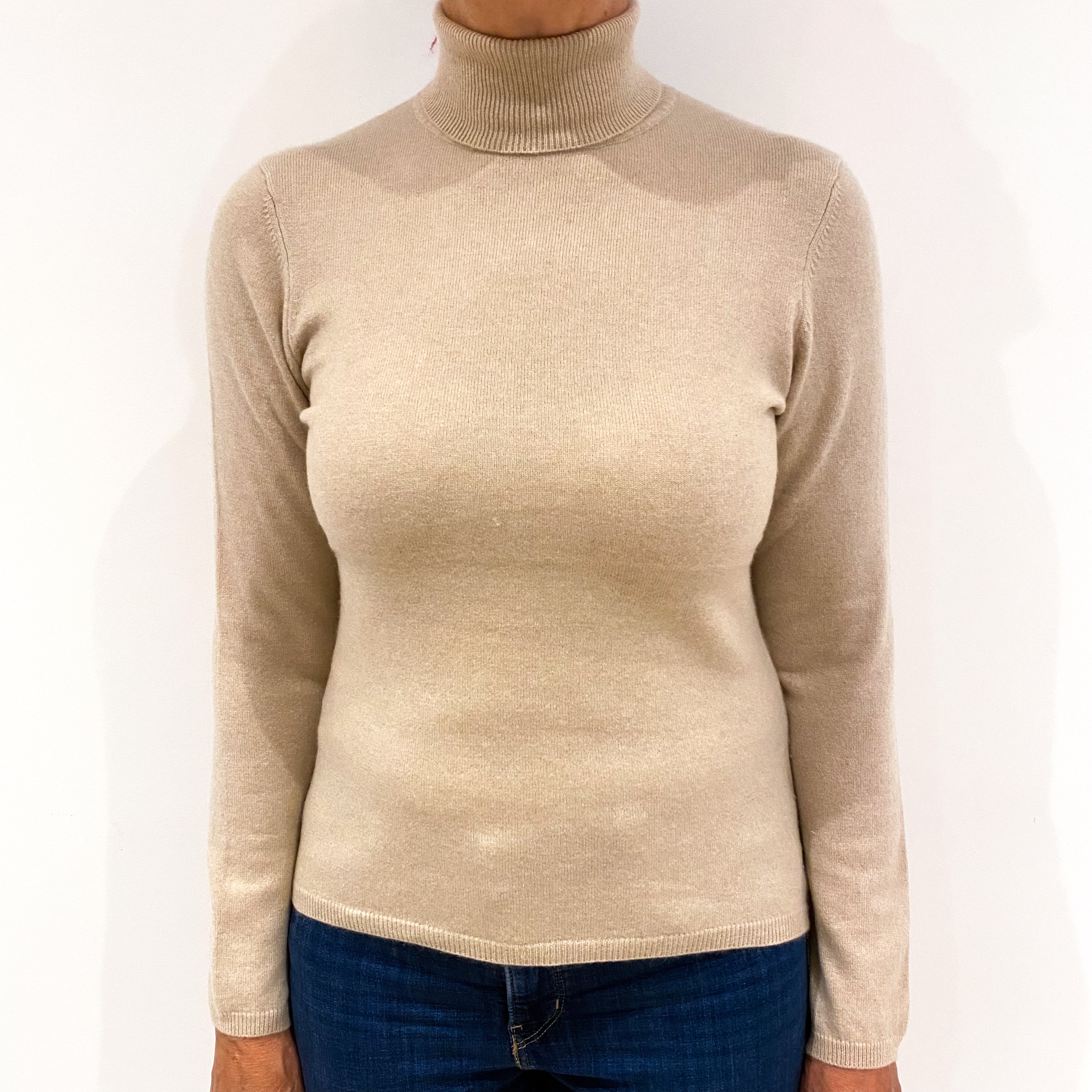 Pale Fawn Beige Cashmere Polo Neck Jumper Medium