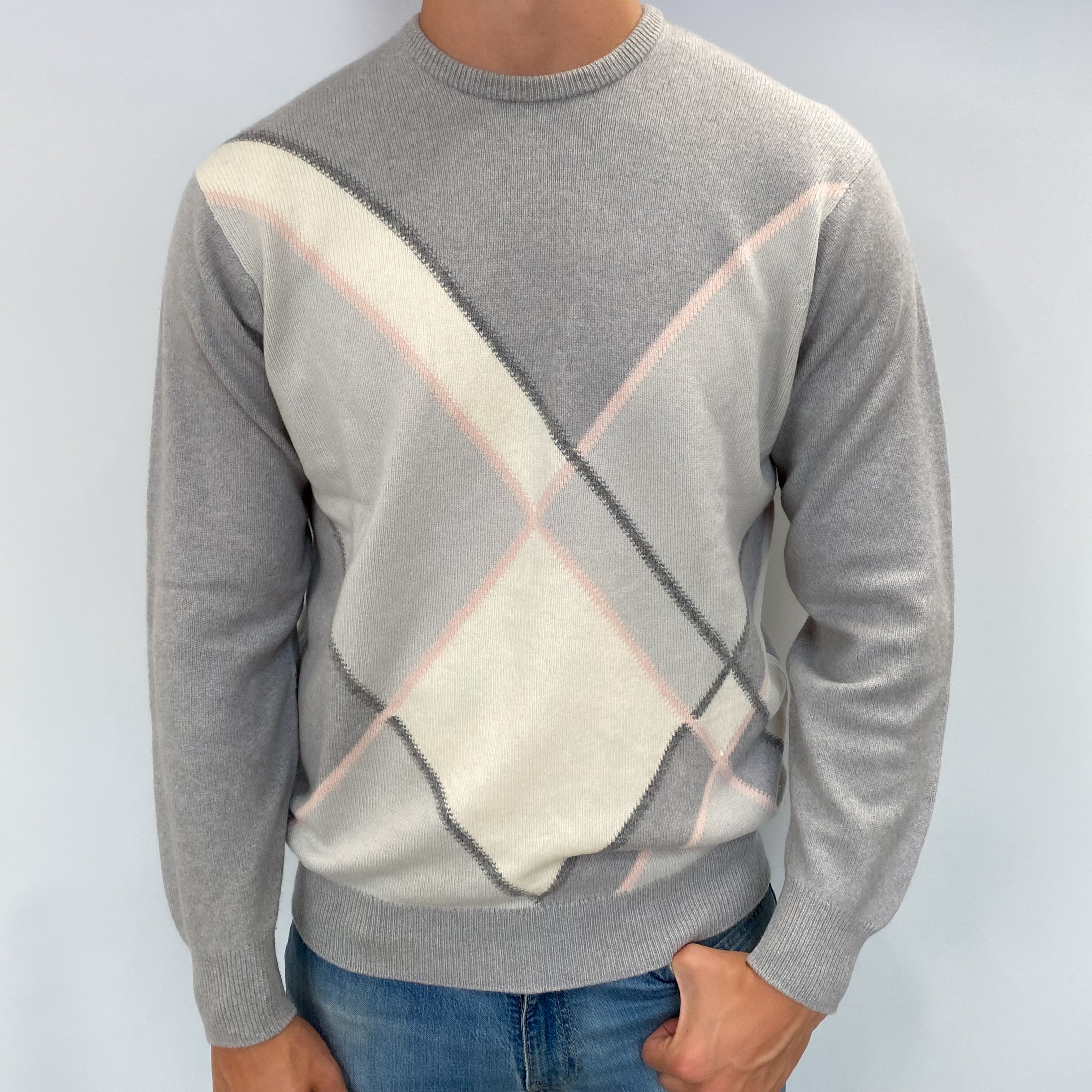 Men's Scottish Pringle Dove Grey Patterned Cashmere Crew Neck Jumper XL