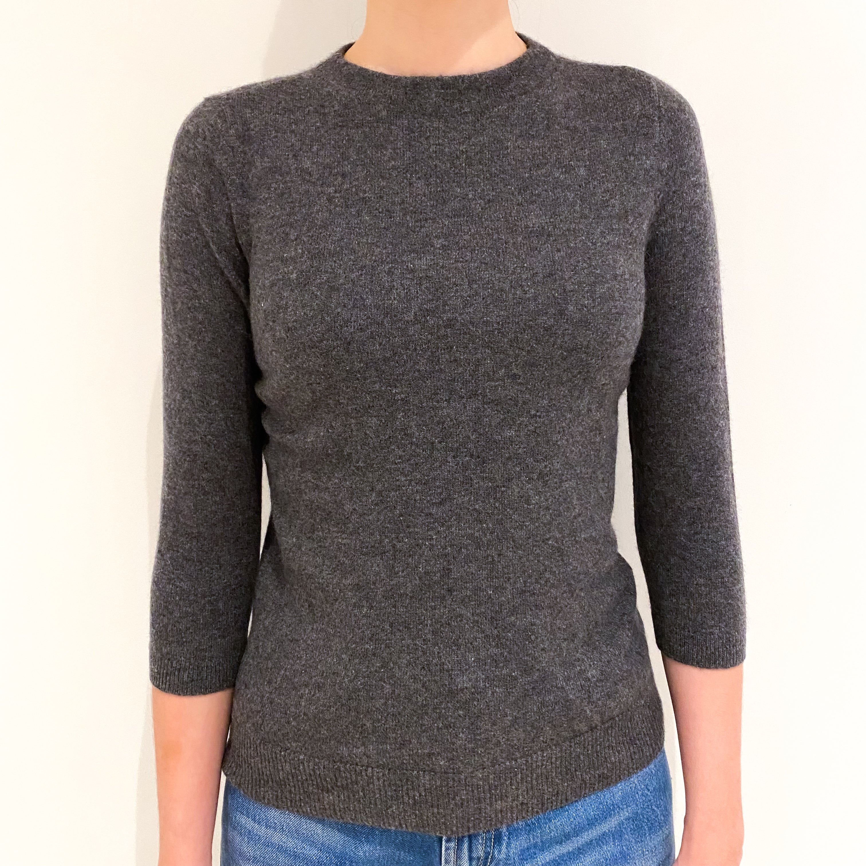 Slate Grey 3/4 Sleeved Cashmere Crew Neck Jumper Extra Small