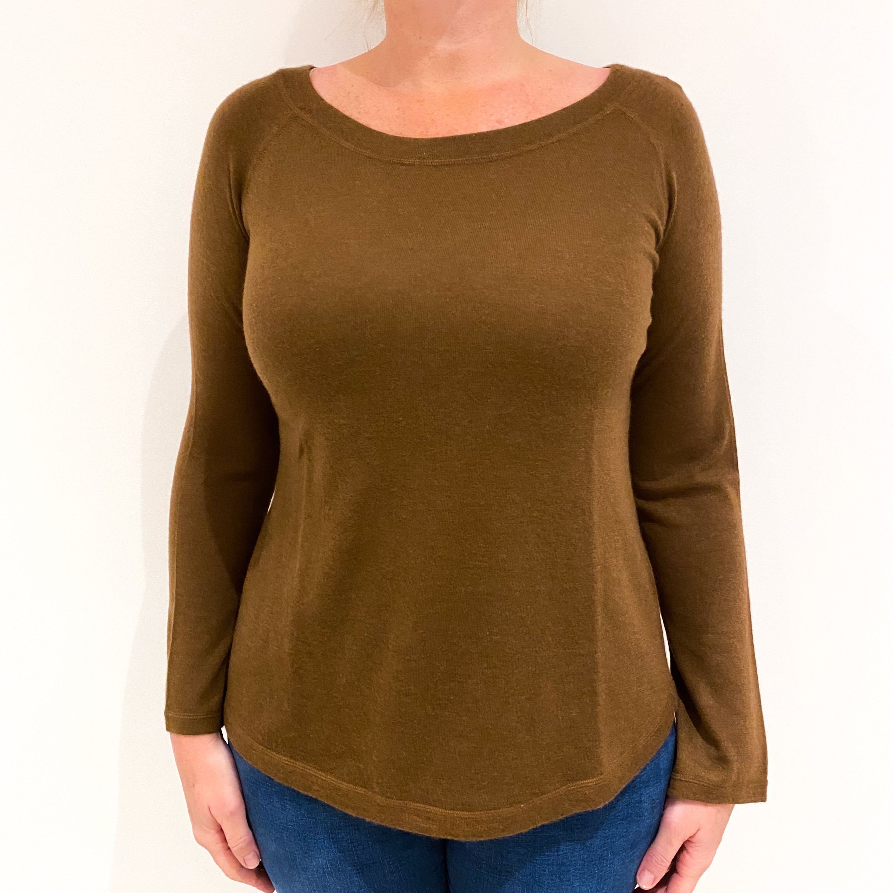 Chocolate Brown Fine Knit Cashmere Crew Neck Jumper Large