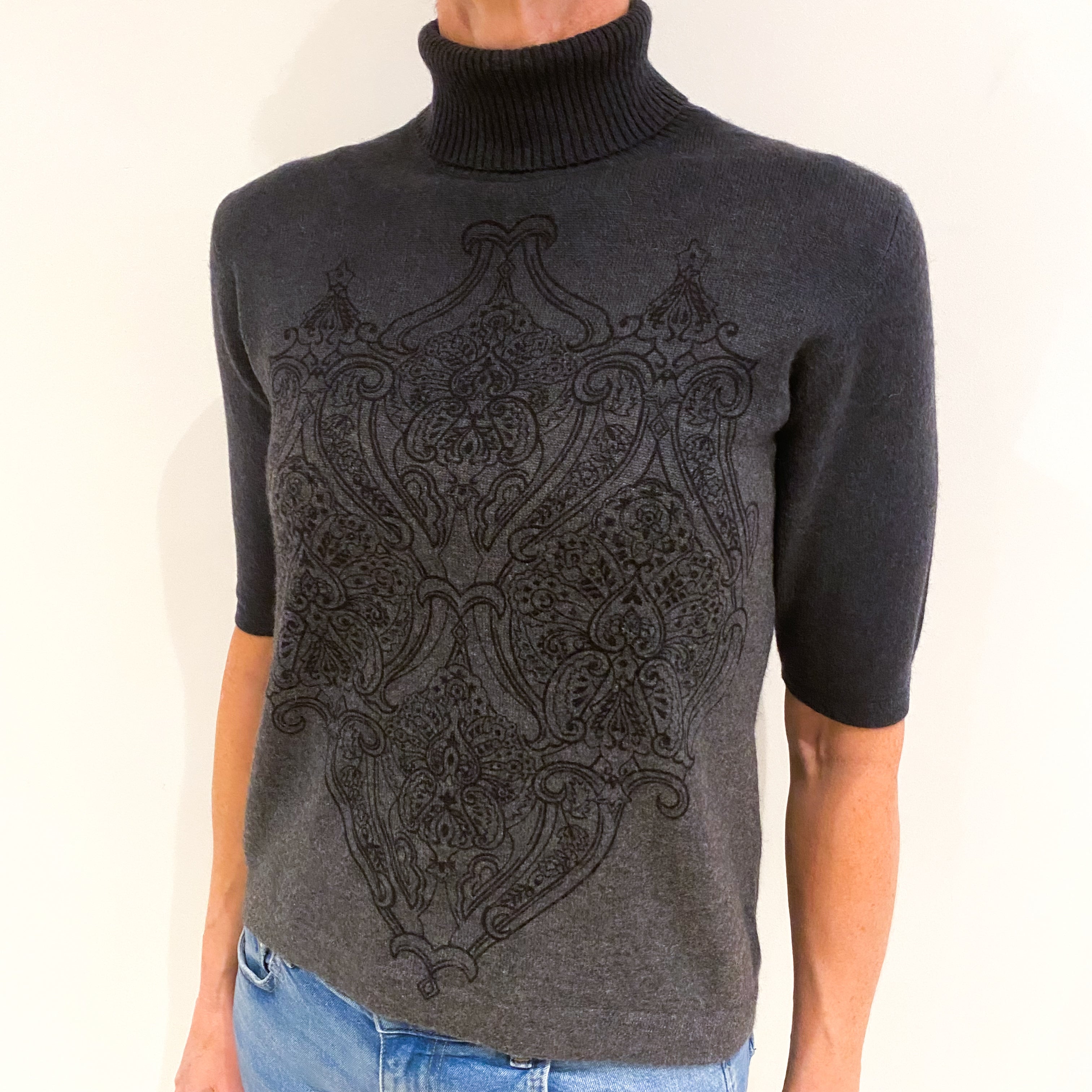 Grey Patterned Cashmere Short Sleeved Polo Neck Jumper Small