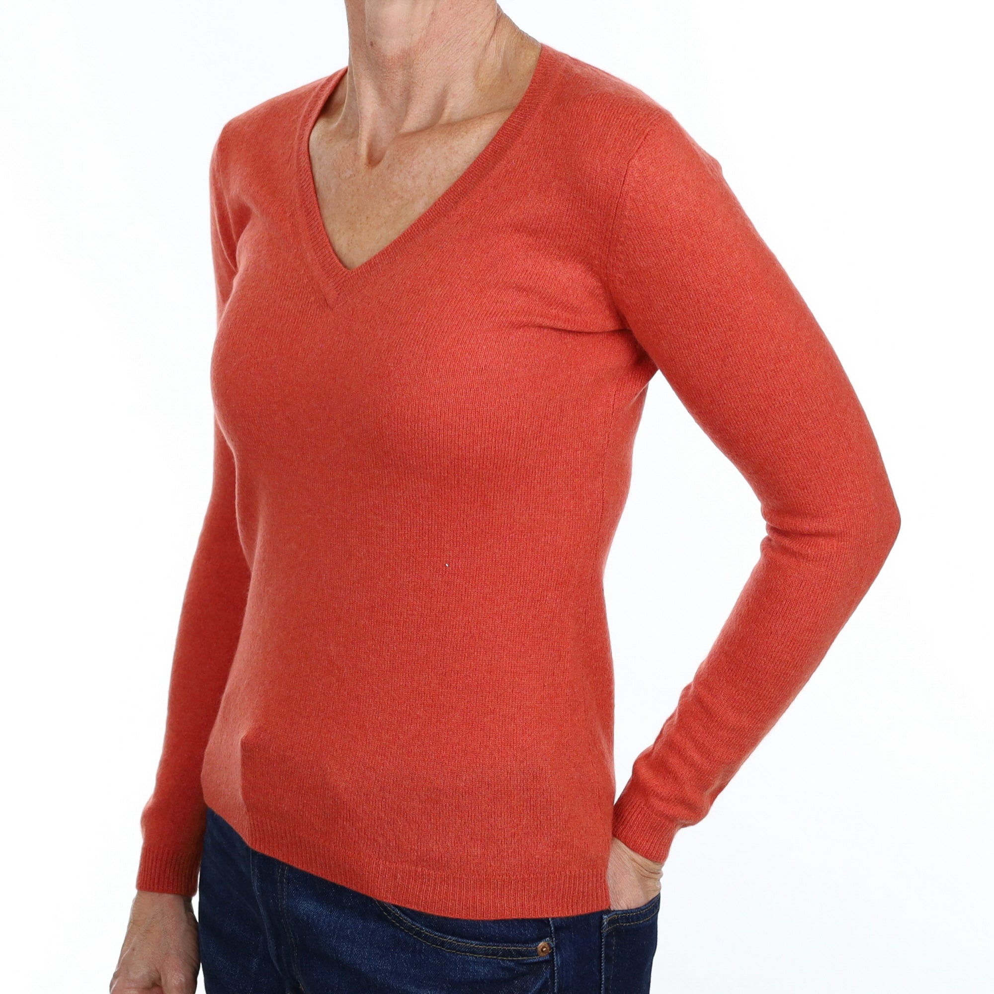 Burnt Orange Cashmere V Neck Jumper Small