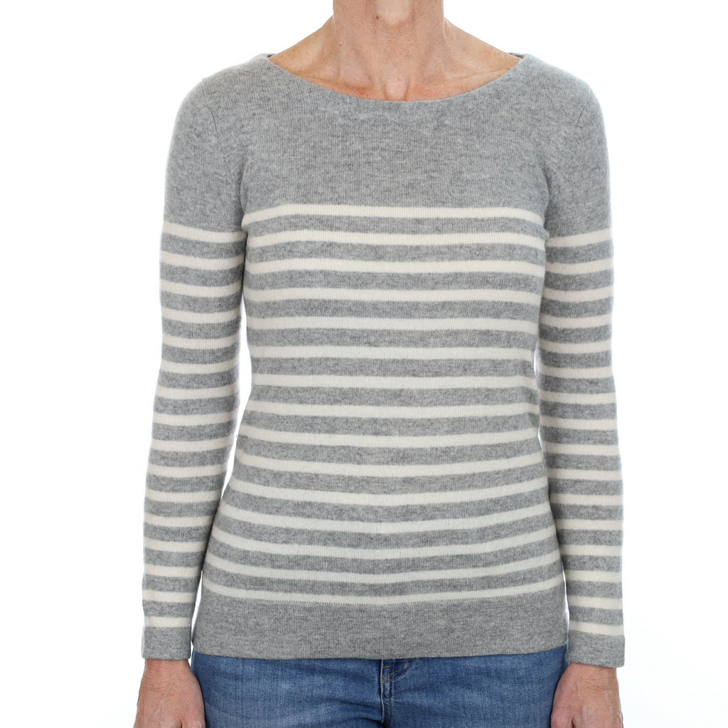 Smoke Grey and Cream Striped Cashmere Crew Neck Jumper Small
