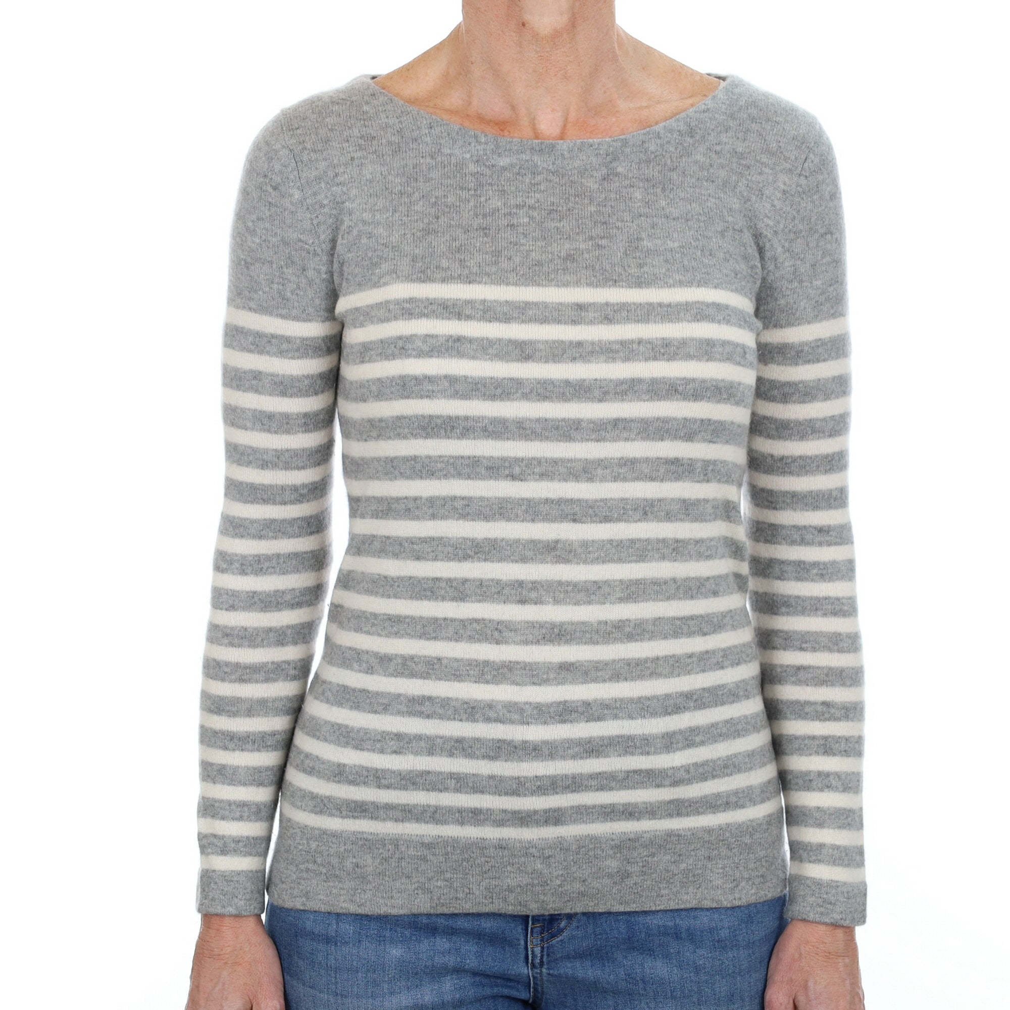 Smoke Grey and Cream Striped Cashmere Crew Neck Jumper Small