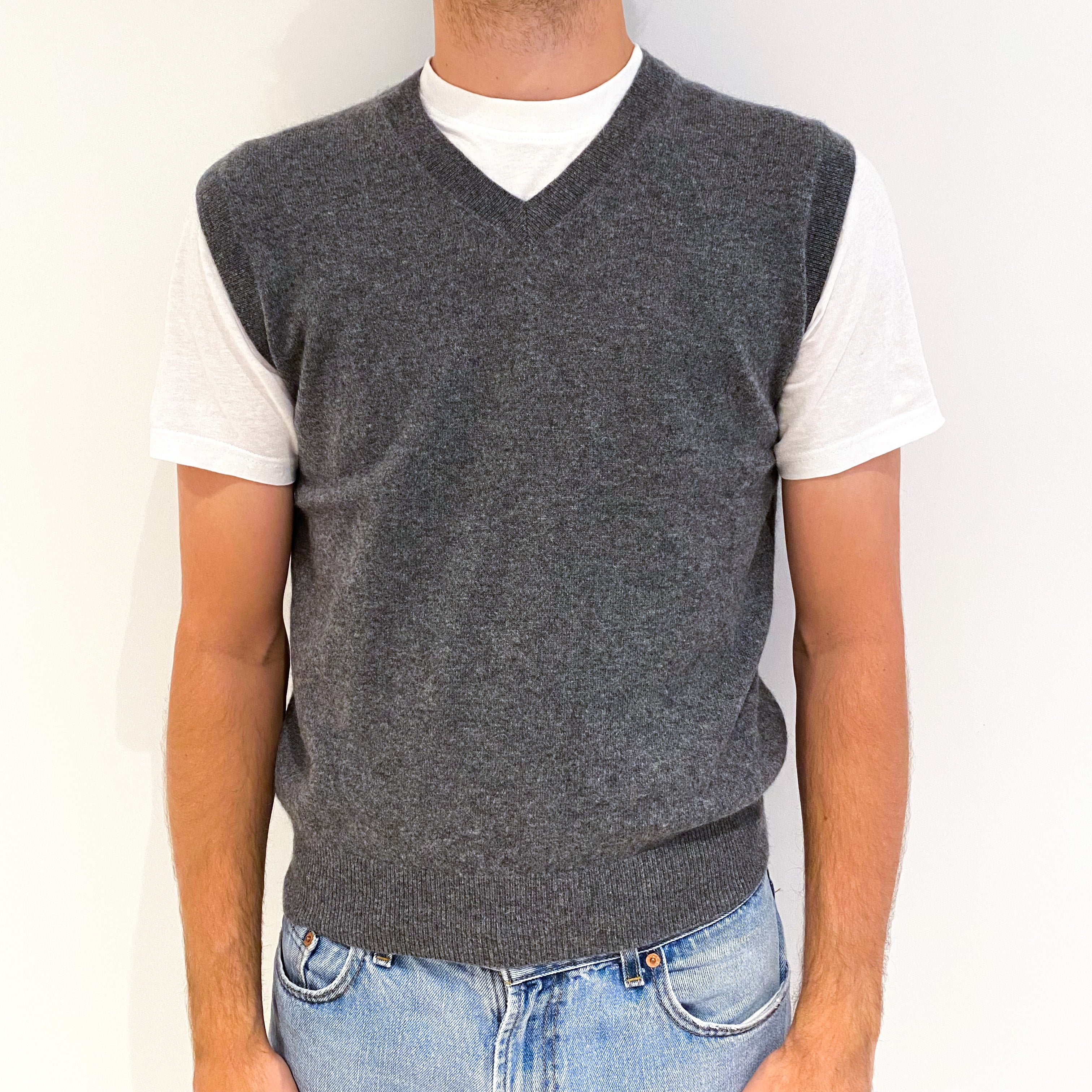 Men's Ash Grey Cashmere V-Neck Tank Top Jumper Medium