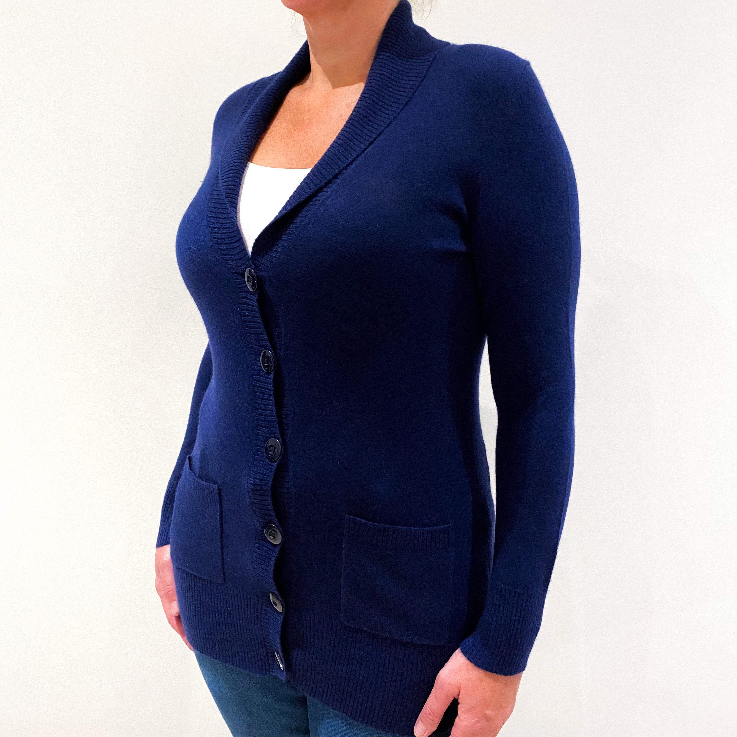 Navy Blue Long Cashmere V-Neck Cardigan Large