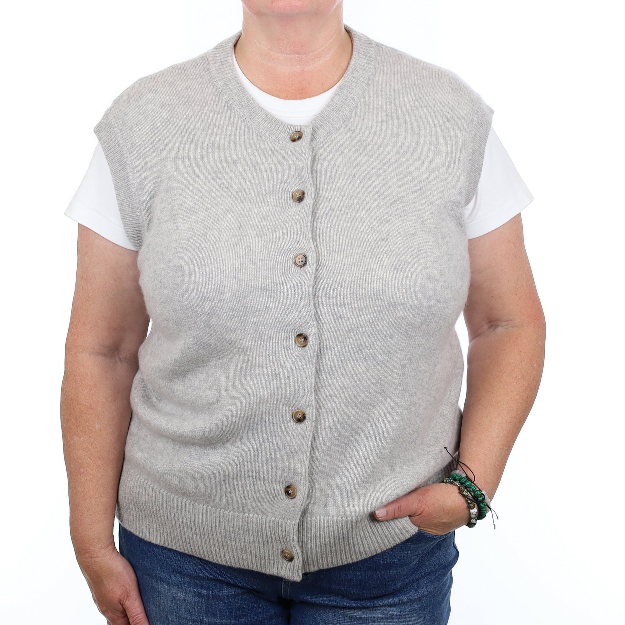 Brand New Mist Grey Luxury Cashmere Crew Neck Waistcoat Extra Large UK 20-22