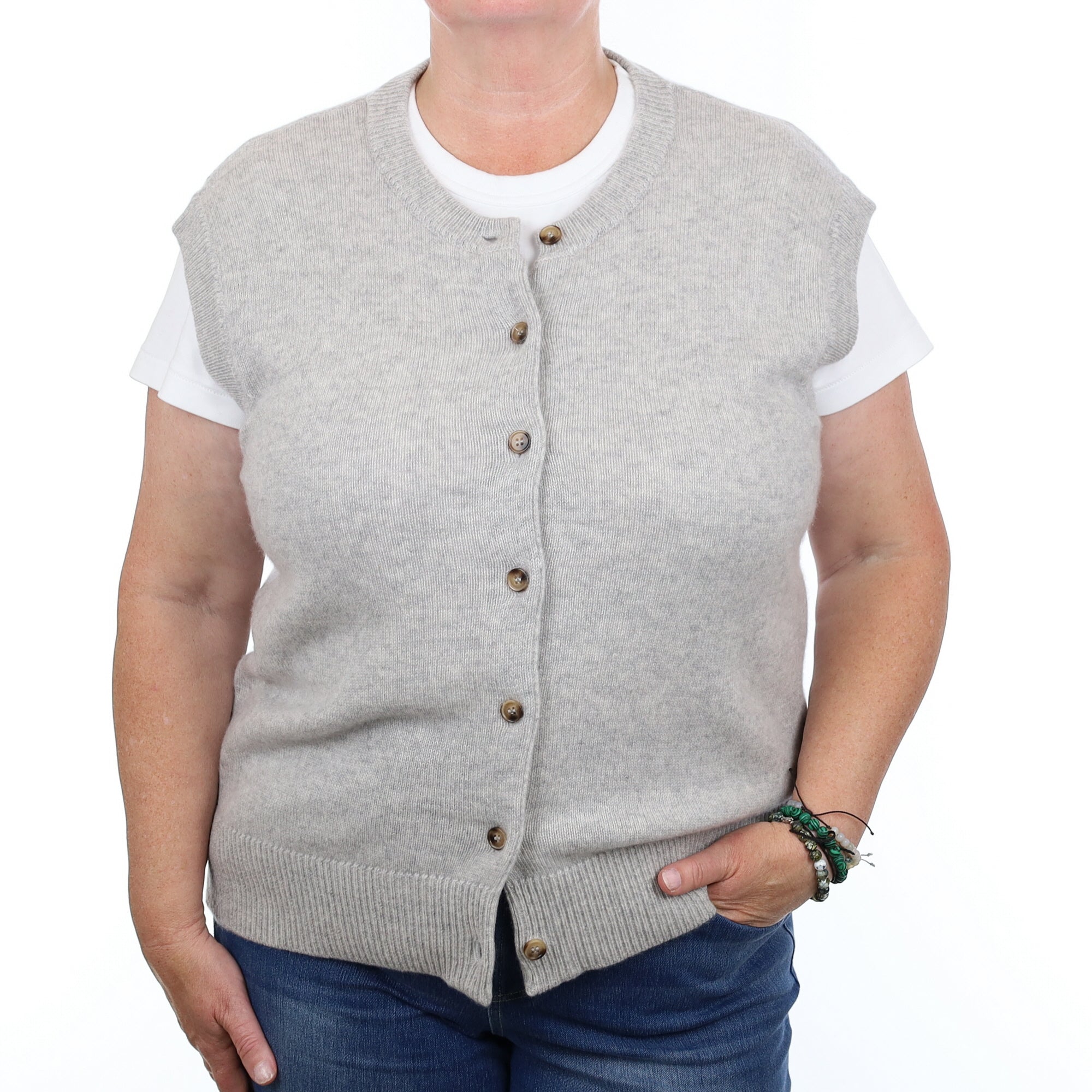 Brand New Mist Grey Luxury Cashmere Crew Neck Waistcoat Extra Large UK 20-22