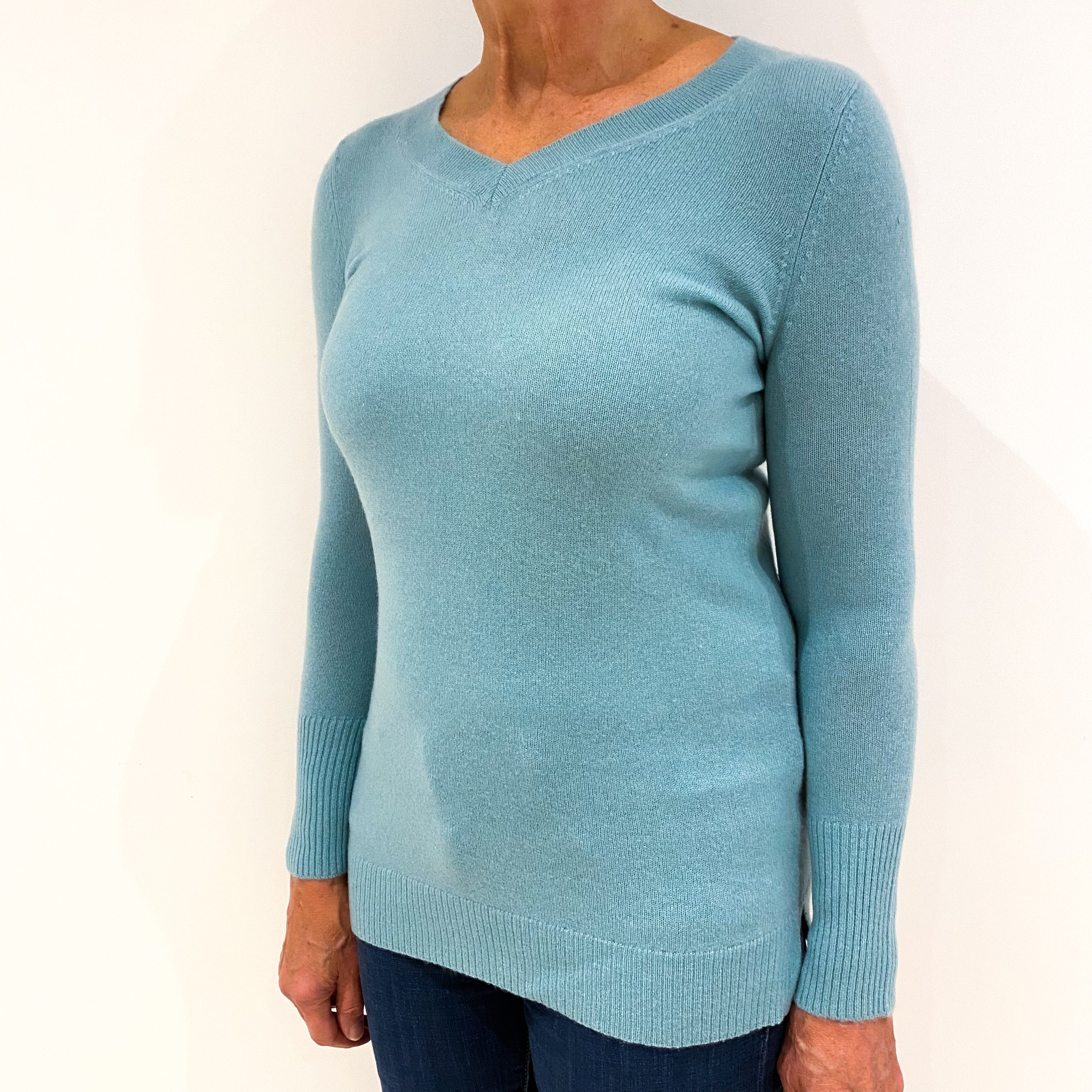 Muted Aqua Blue Cashmere V-Neck Tunic Style Jumper Medium