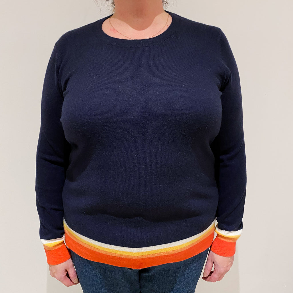 Navy Blue with Orange Trim Cashmere Crew Neck Jumper Extra Large
