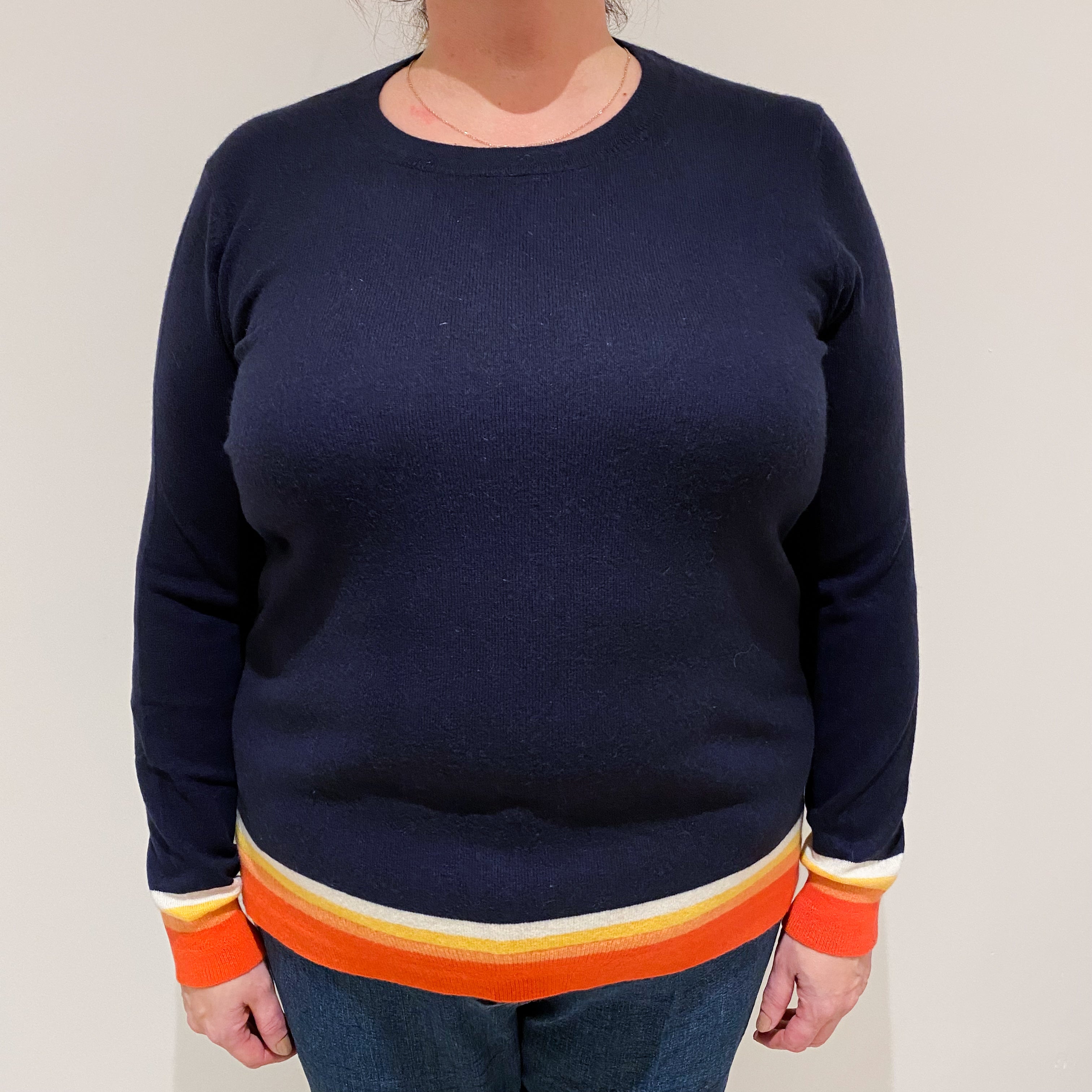 Navy Blue with Orange Trim Cashmere Crew Neck Jumper Extra Large