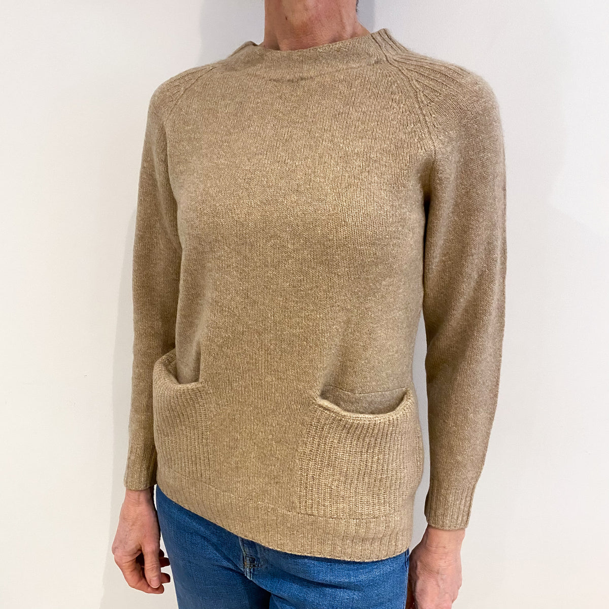 Biscuit Beige Cashmere High Crew Neck Jumper with Pockets Small