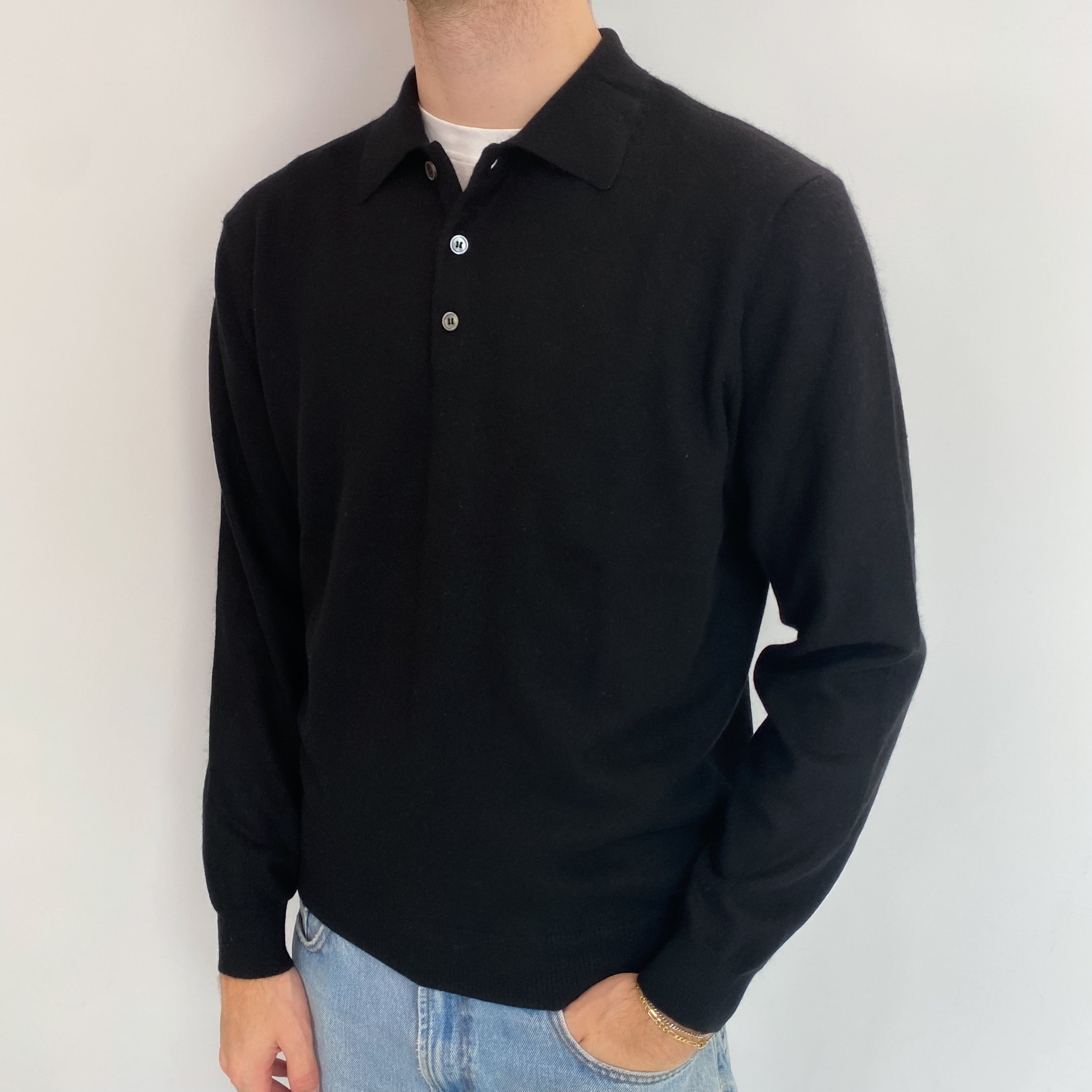 Men's Black Cashmere Collared 3/4 Buttoned Jumper Medium