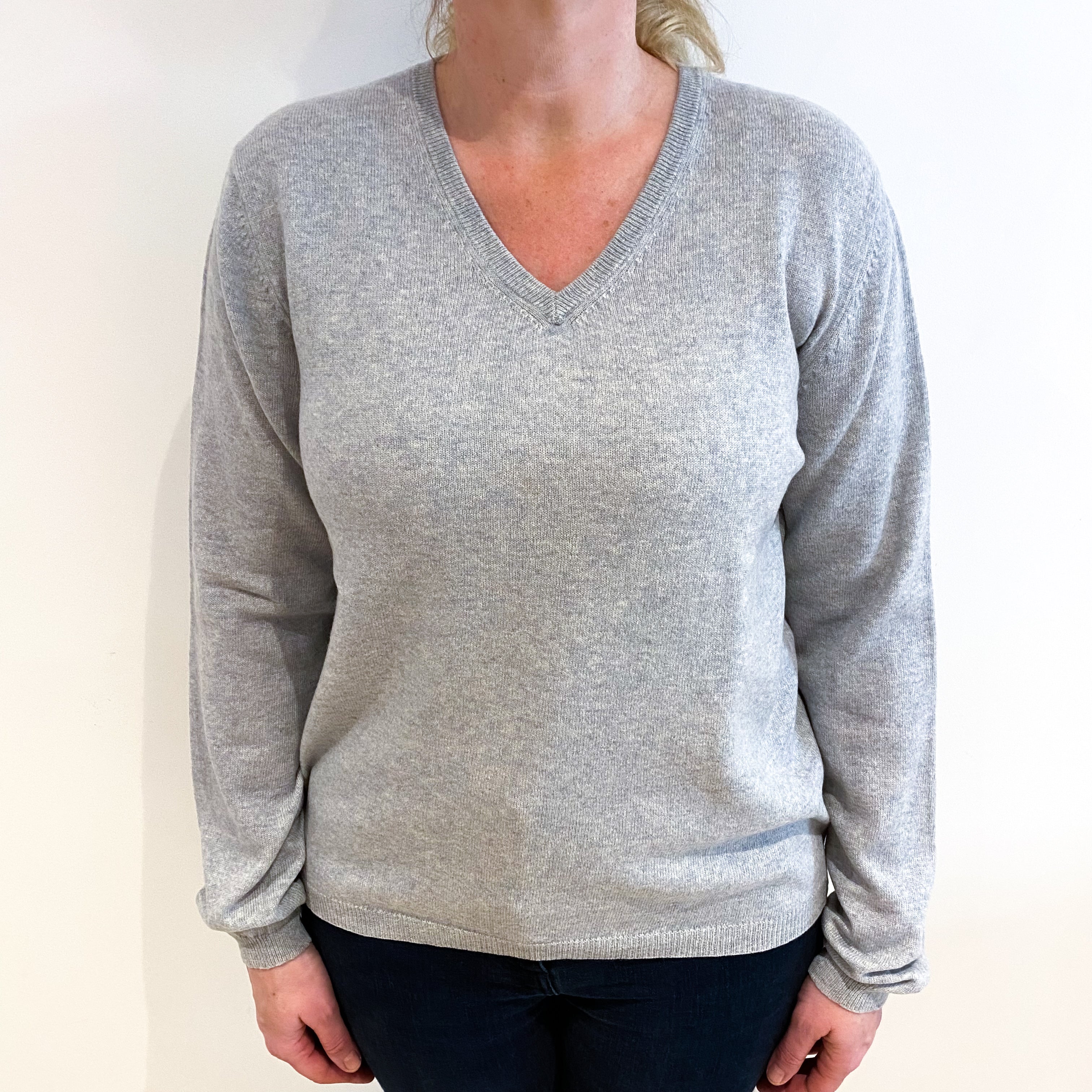 Smoke Grey Cashmere V Neck Jumper Large