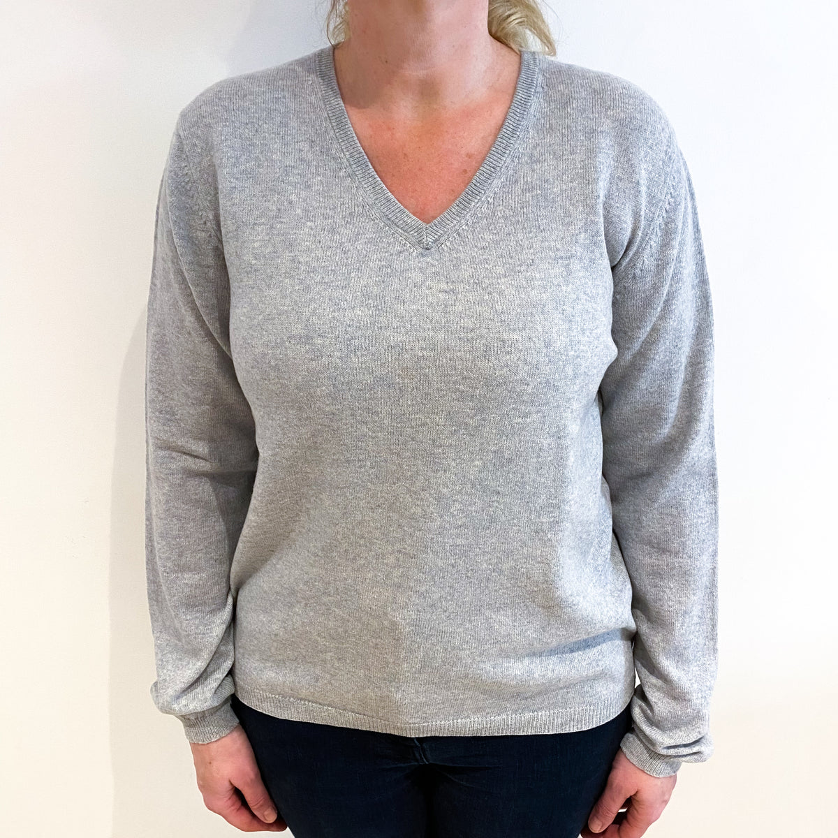Smoke Grey Cashmere V Neck Jumper Large