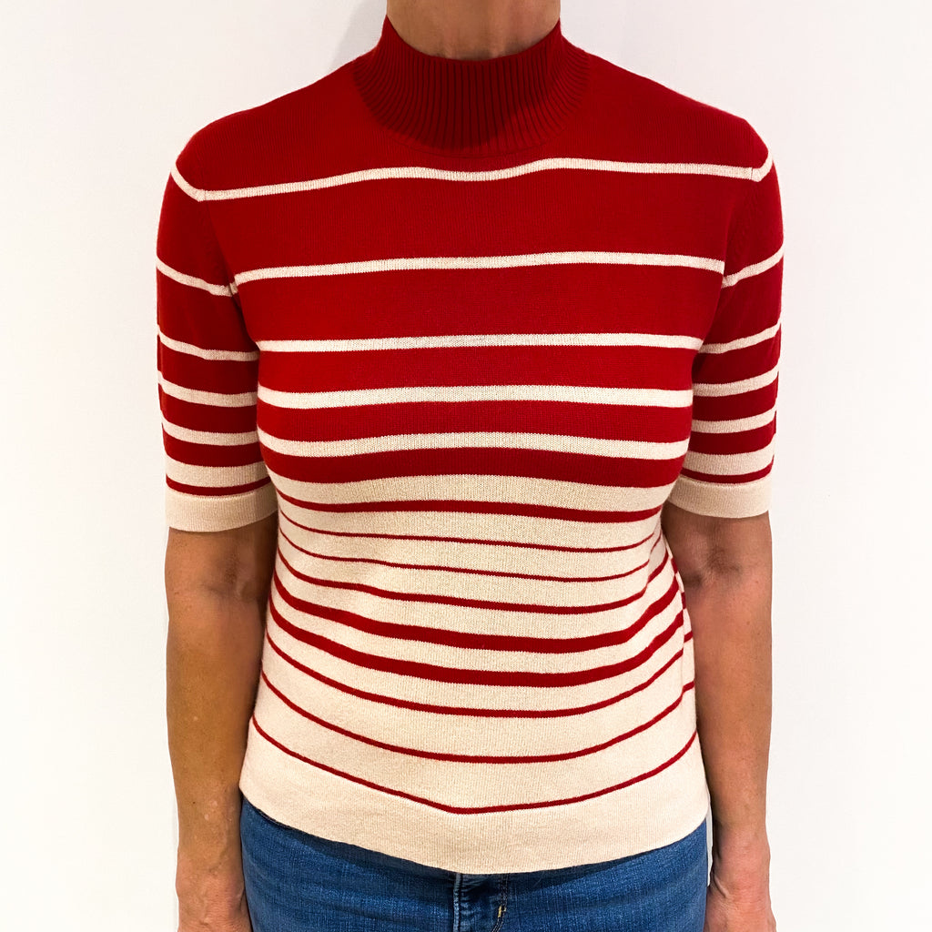 Red Cream Stripe Cashmere Short Sleeved Turtle Neck Jumper Medium