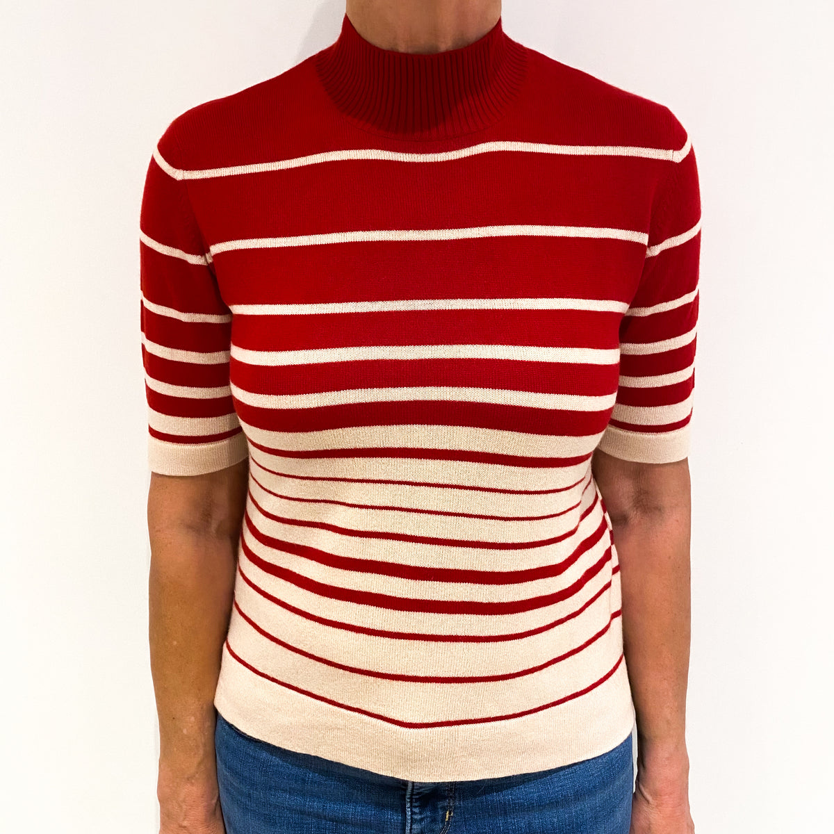 Red Cream Stripe Cashmere Short Sleeved Turtle Neck Jumper Medium