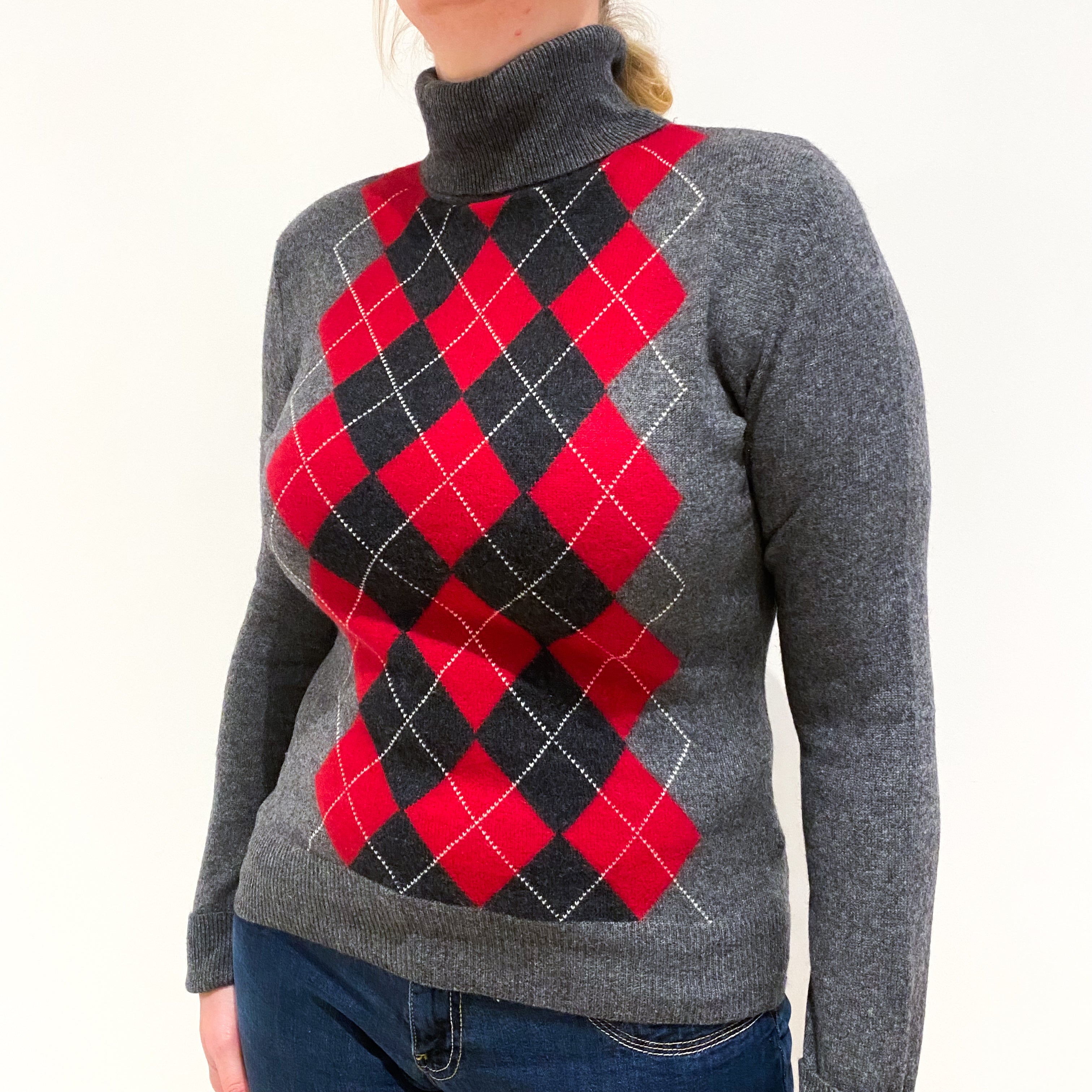 Slate Grey and Red Argyle Front Cashmere Polo Neck Jumper Large