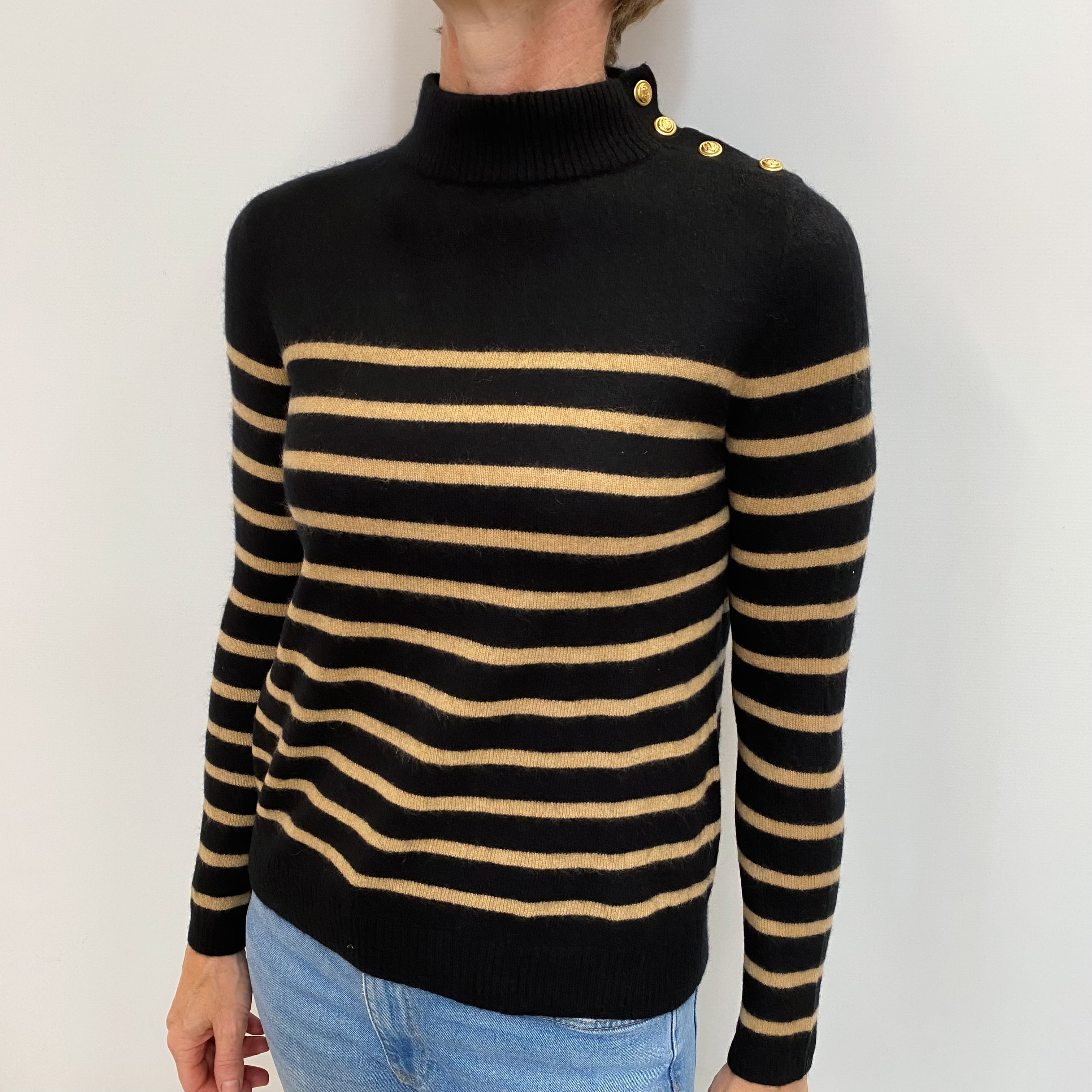Black Caramel Stripe Cashmere Turtle Neck Jumper Small