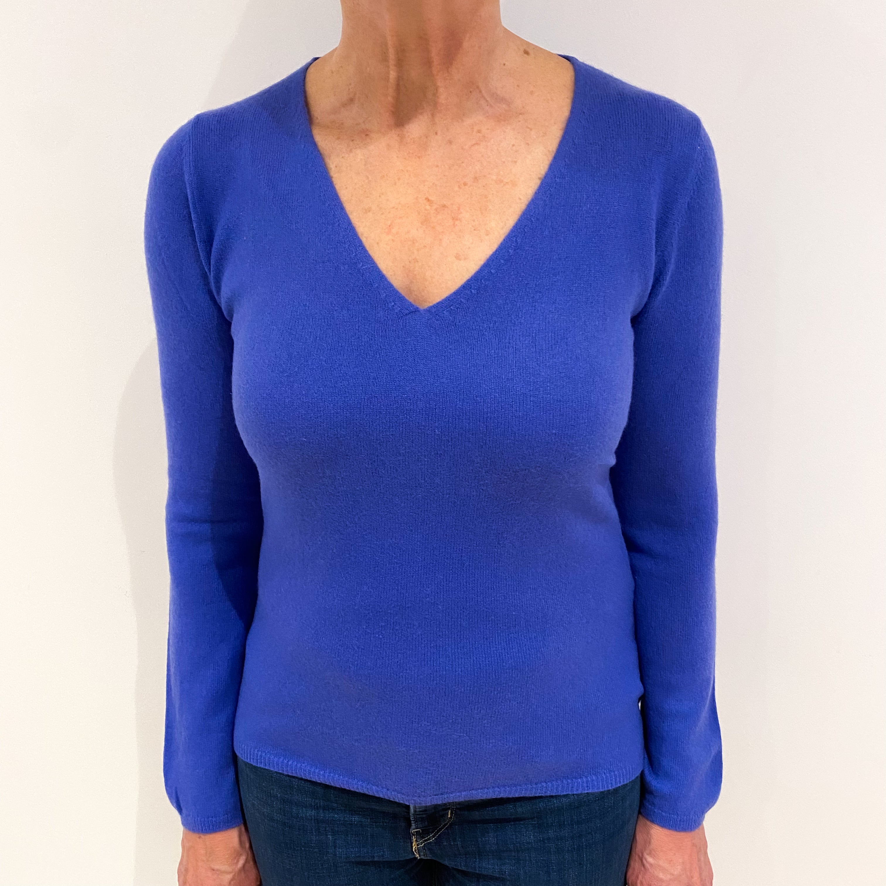 Bluebell Blue Cashmere V Neck Jumper Medium