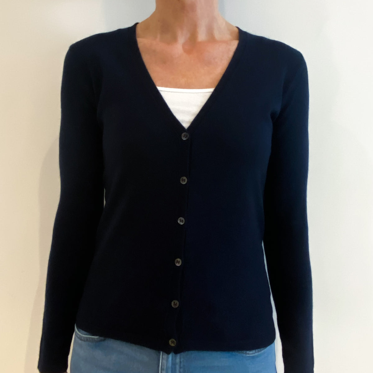 Navy Blue Cashmere V Neck Cardigan Small