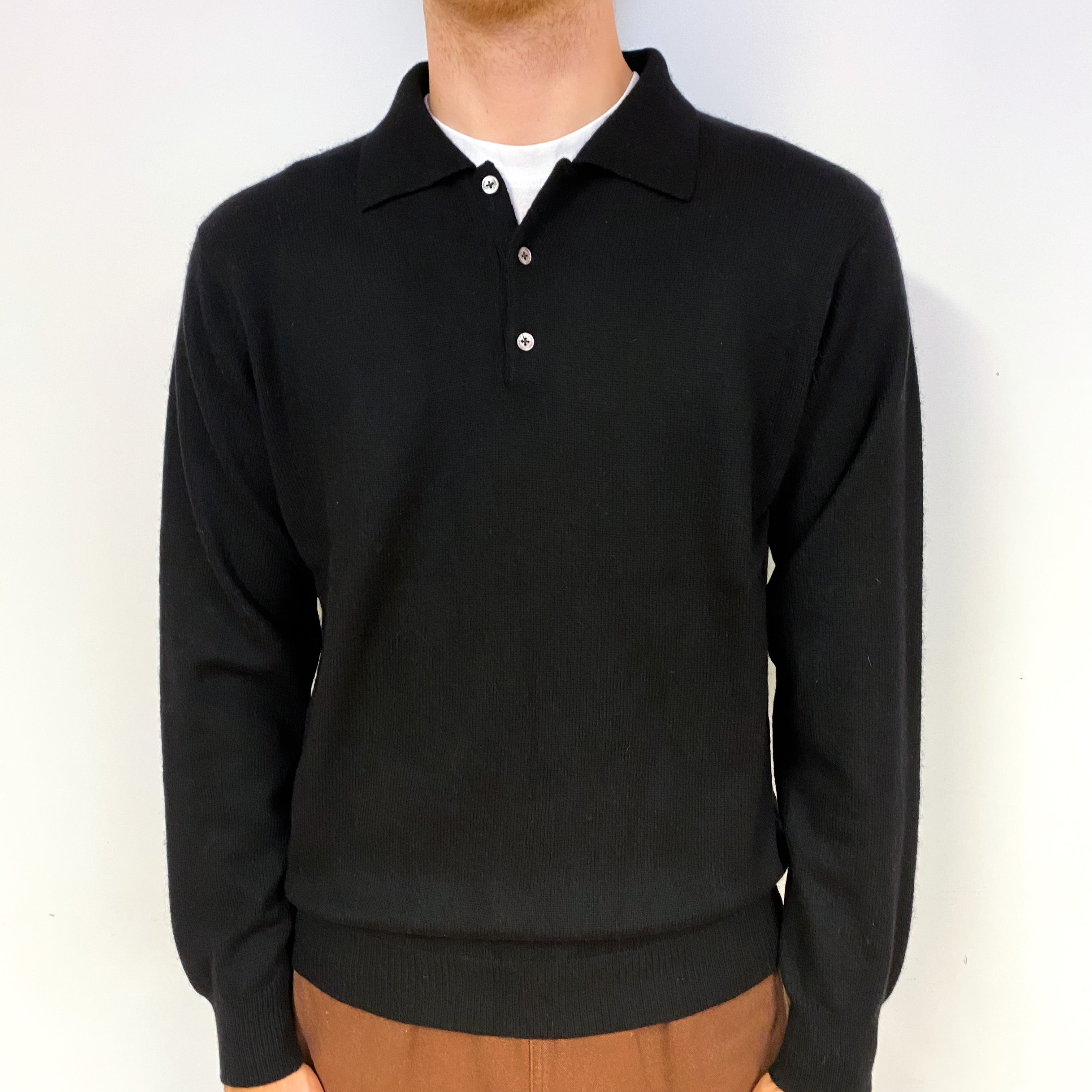 Men's Black Cashmere Collared 1/4 Button Jumper Large