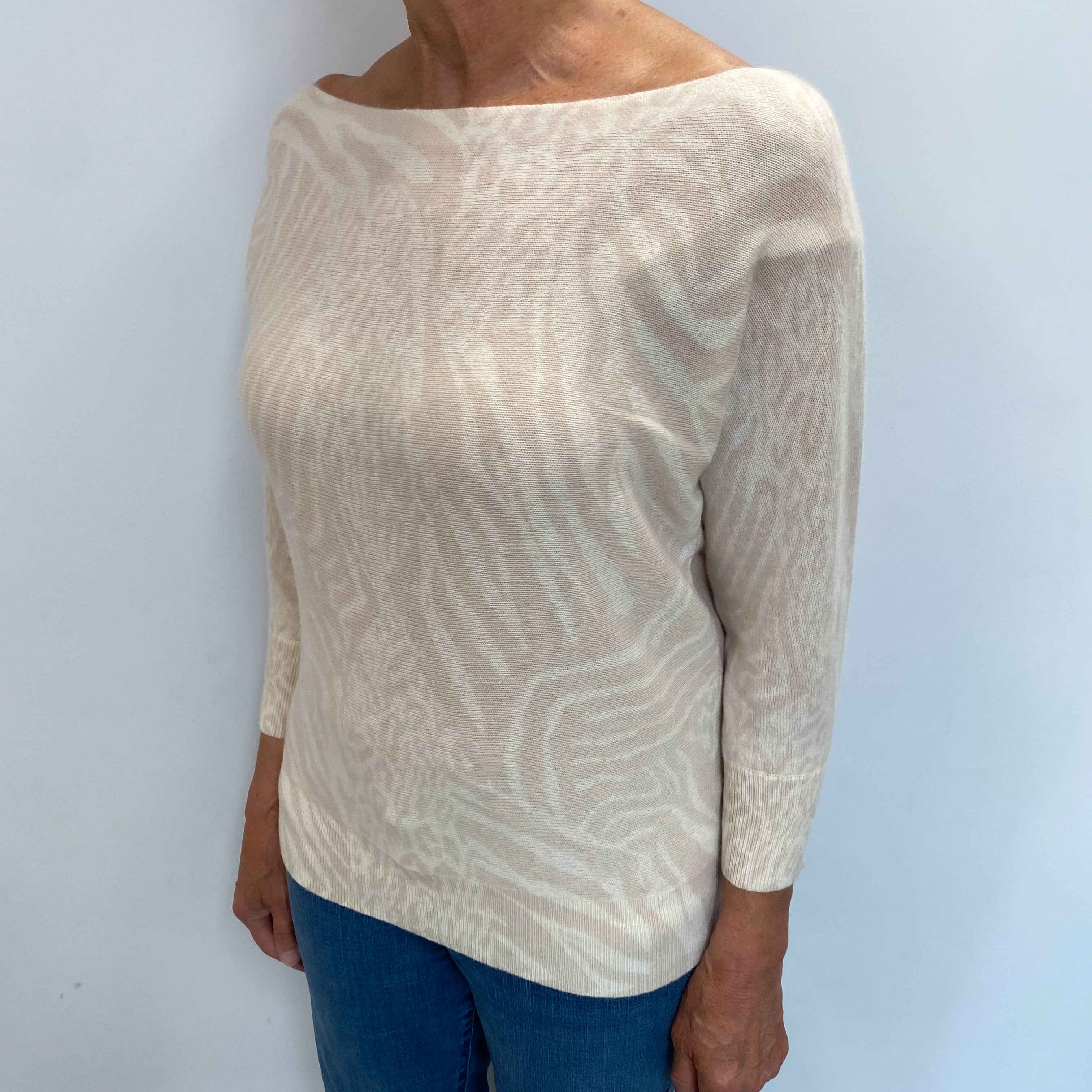 Vanilla Cream Animal Print Cashmere Slash Neck Jumper Medium