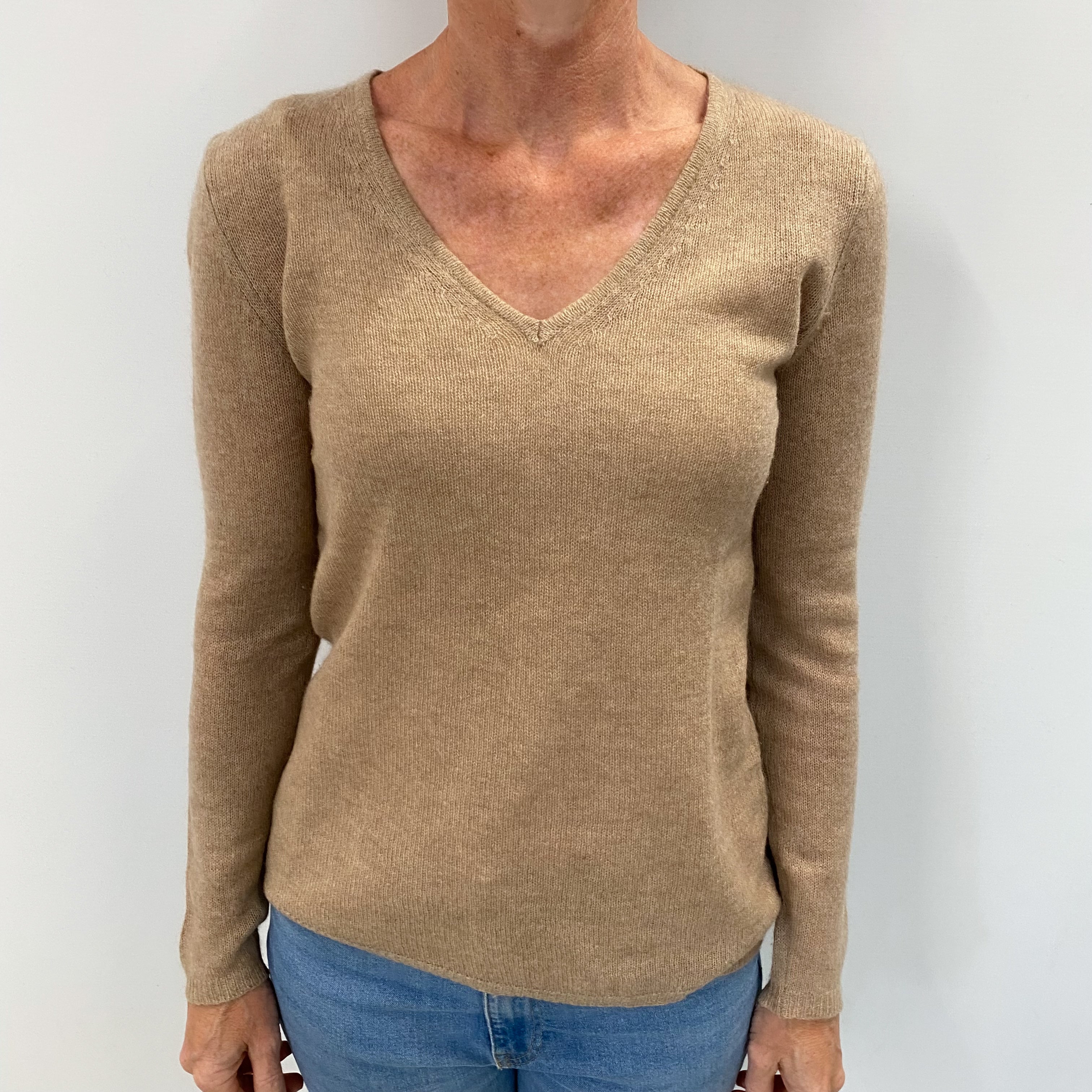 Fudge Brown Cashmere V Neck Jumper Small