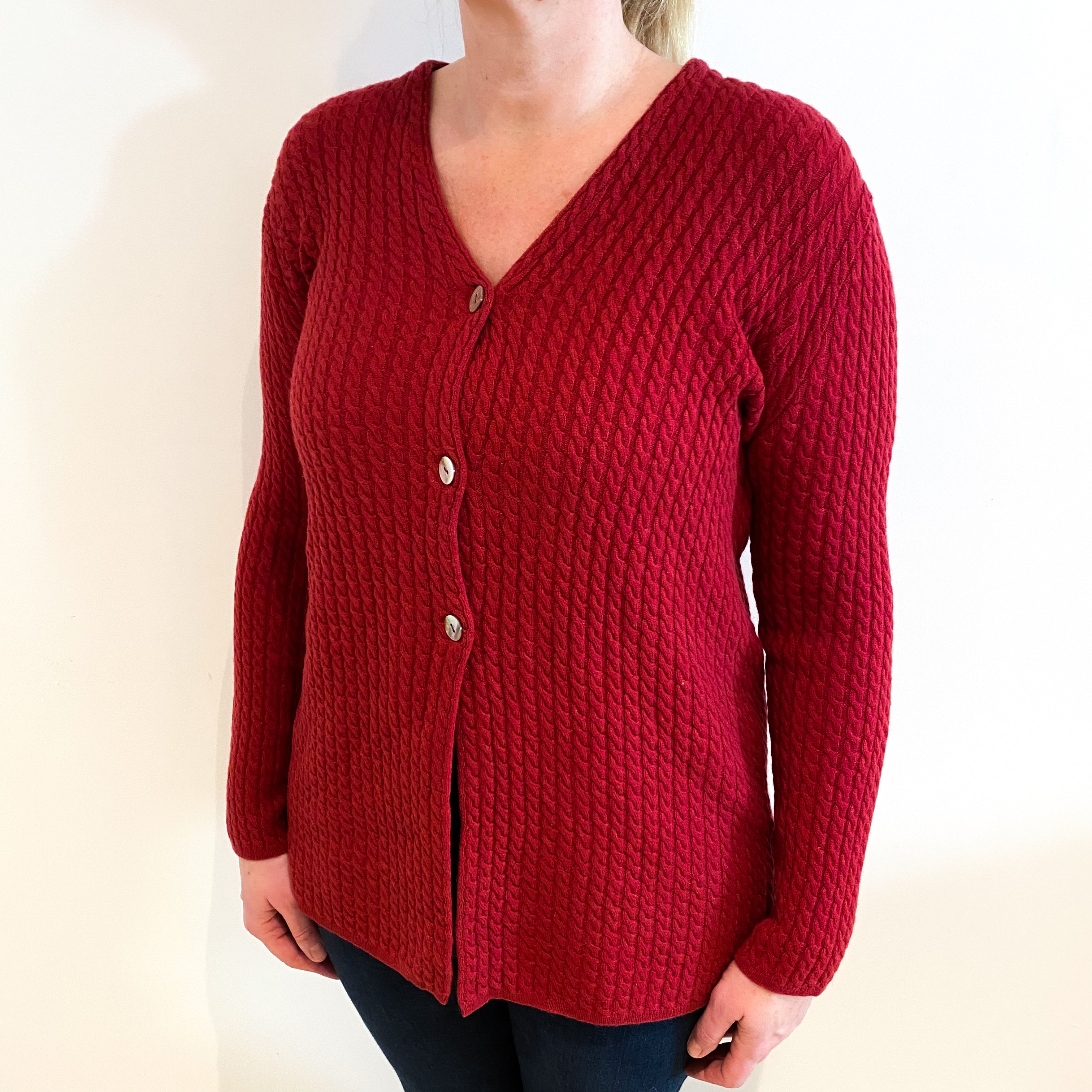 Brick Red Cashmere V Neck Cable Knit Cardigan Large