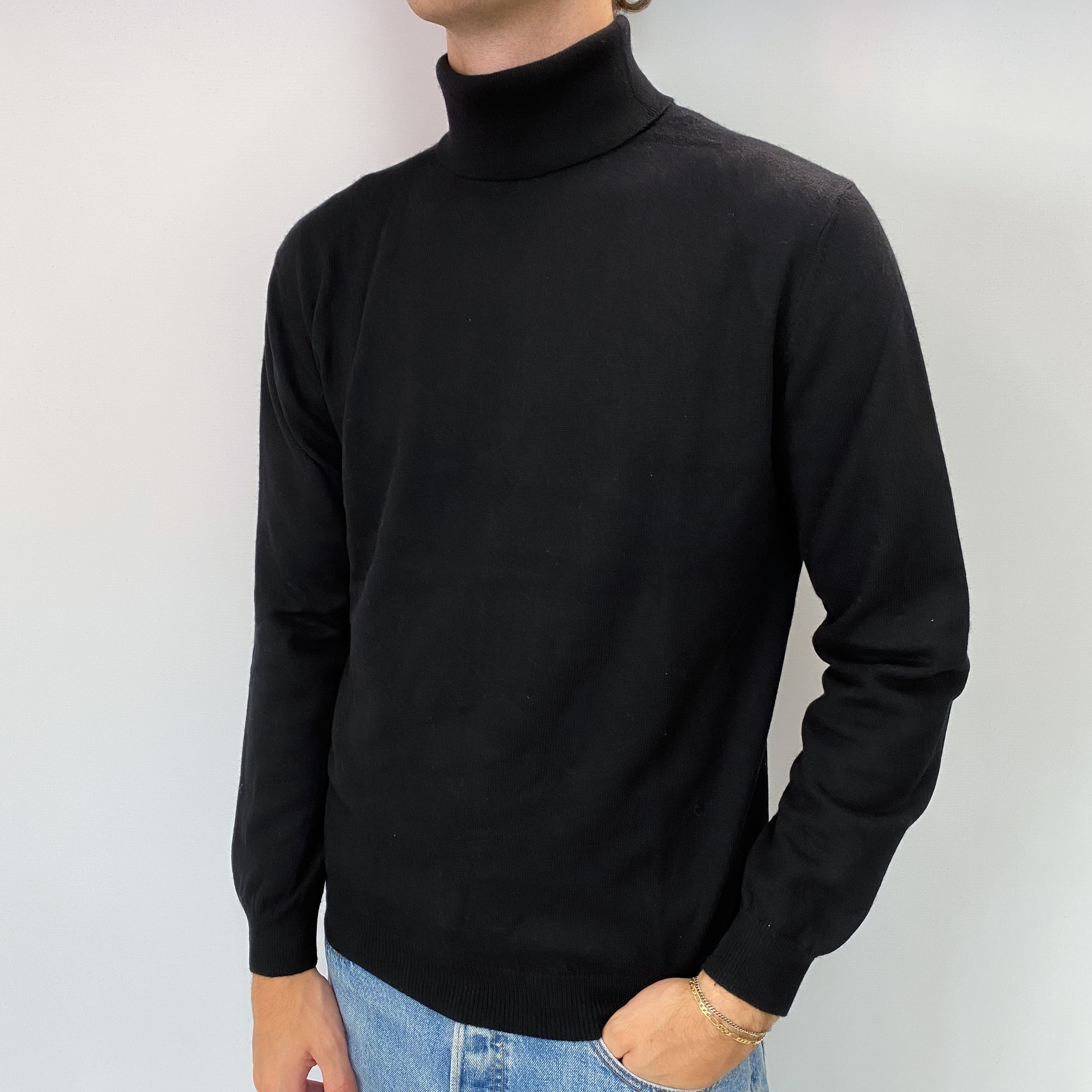 Men's Black Cashmere Polo Neck Jumper Large