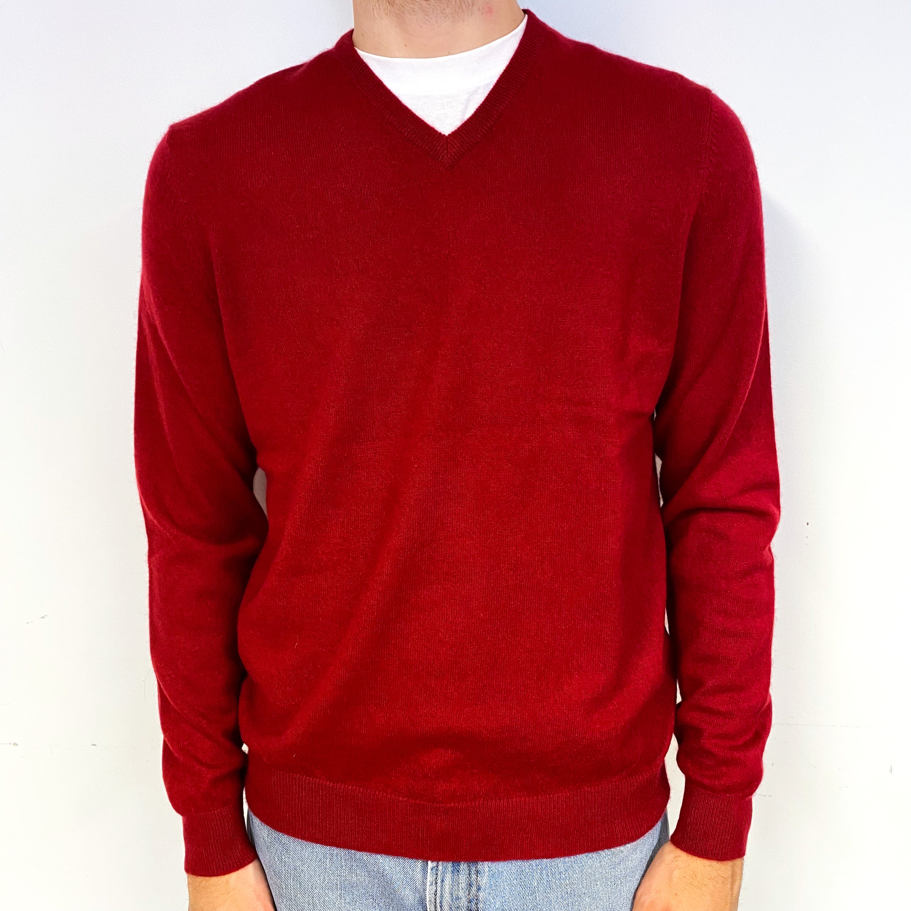 Men's Crimson Red Cashmere V-Neck Jumper Medium