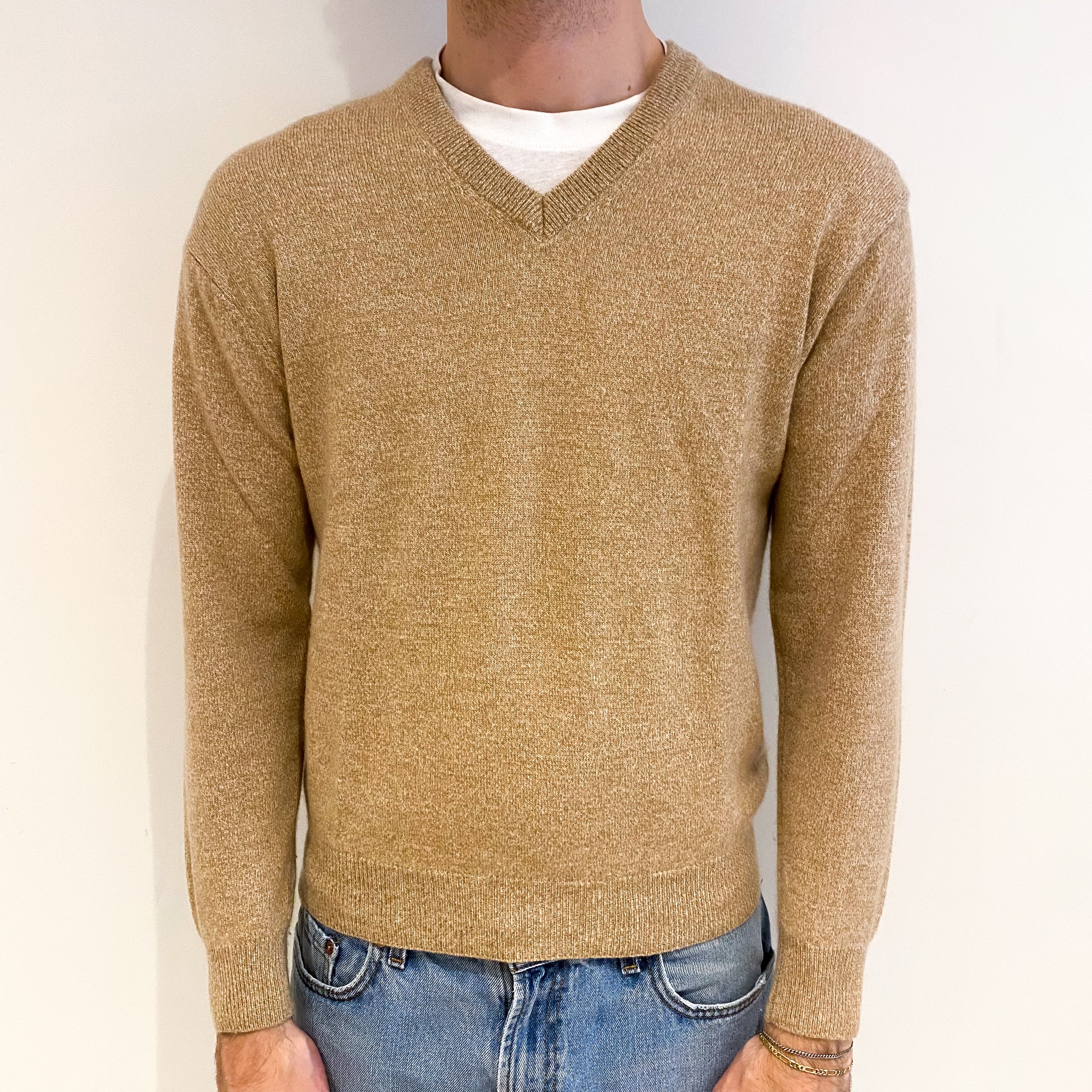 Men's Caramel Brown Marl Cashmere V Neck Jumper Medium