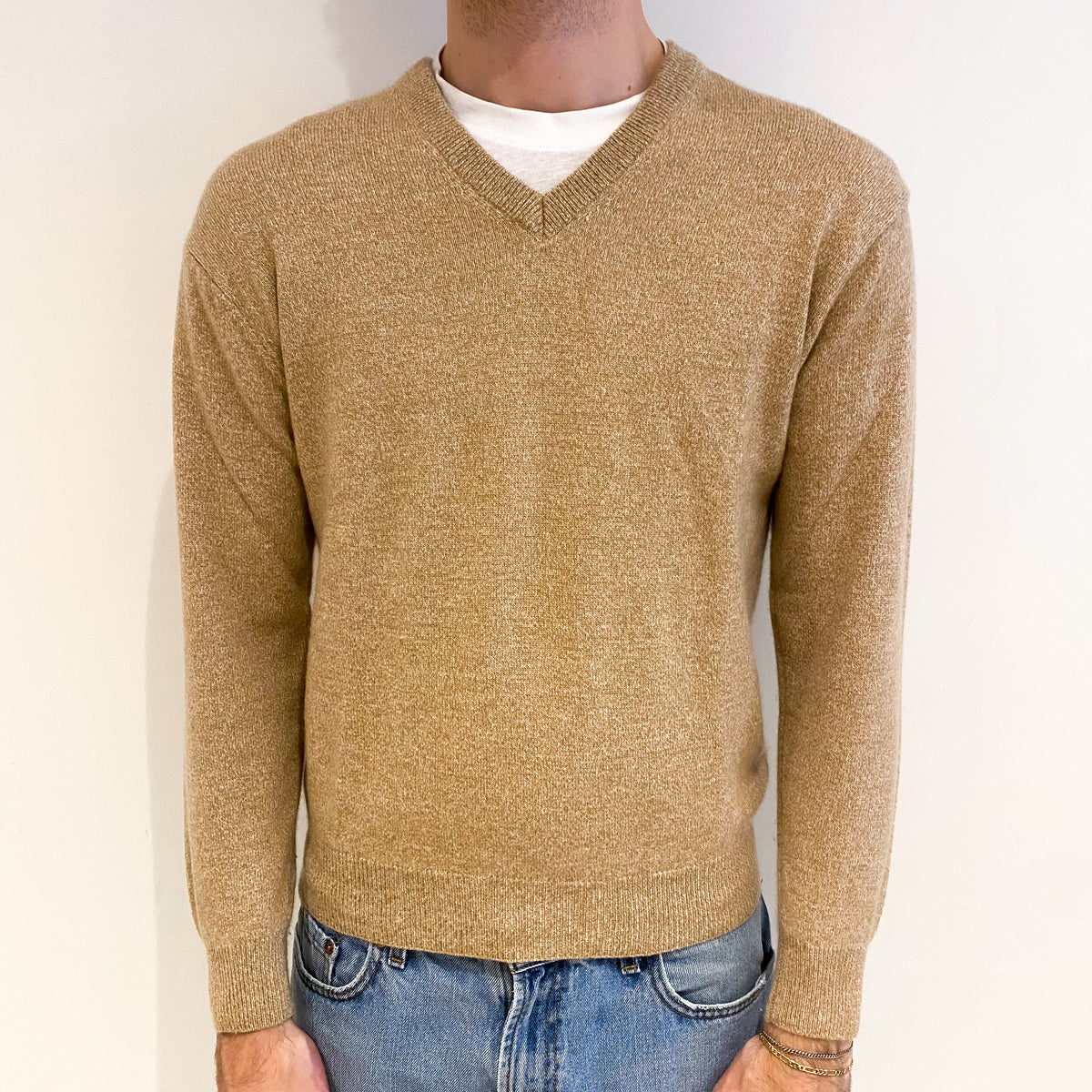 Men's Caramel Brown Marl Cashmere V Neck Jumper Medium