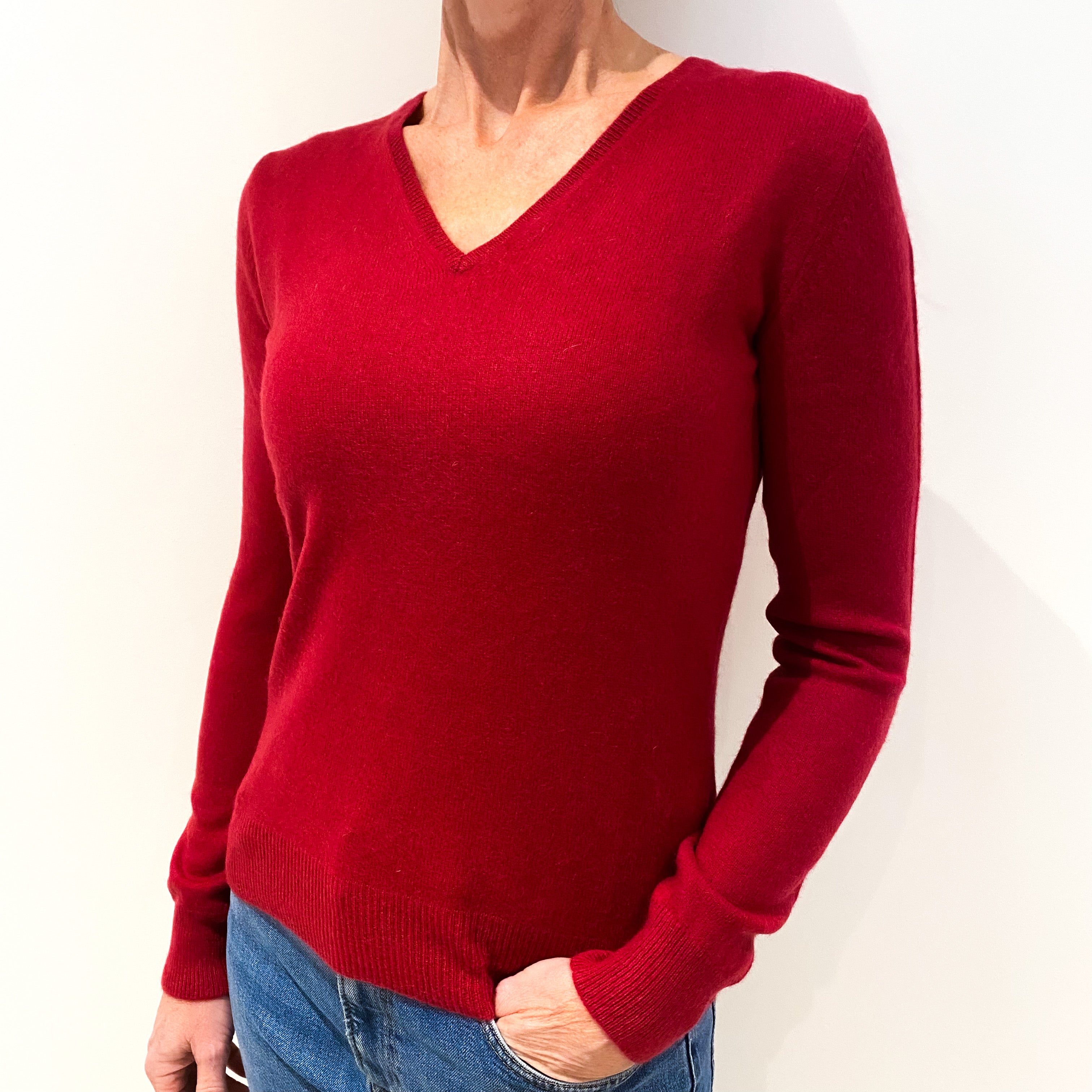 Crimson Red Cashmere V-Neck Jumper Small