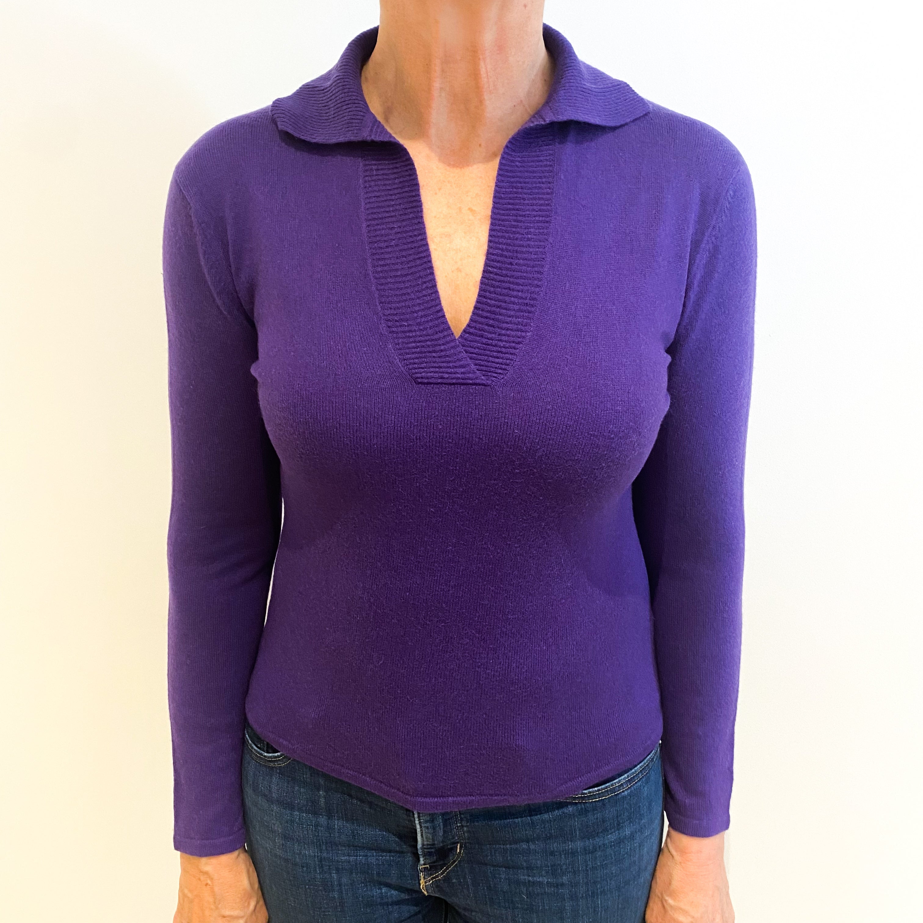 Pansy Purple Cashmere Collared V Neck Jumper Medium
