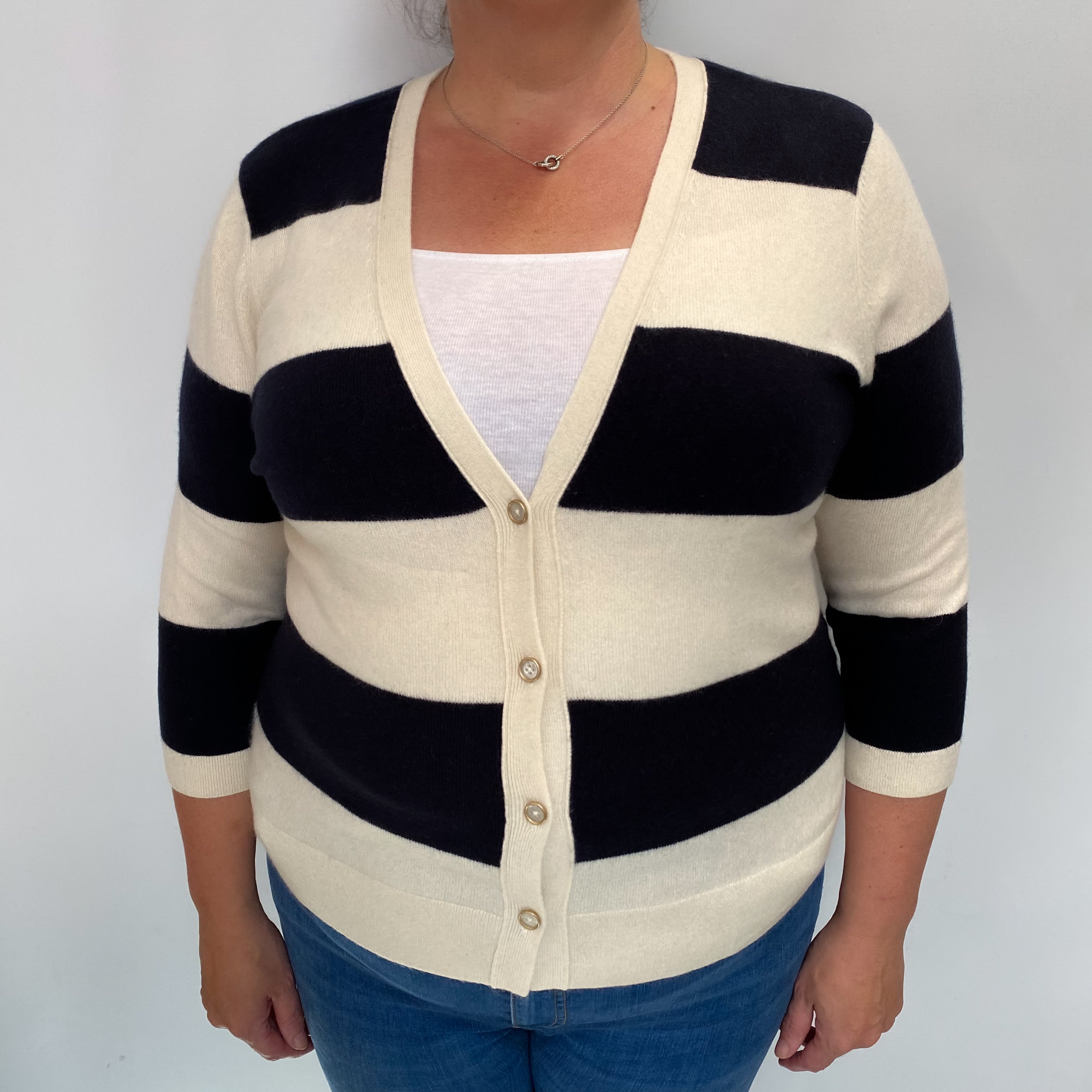 Navy Cream Striped Cashmere V Neck Cardigan Extra Large