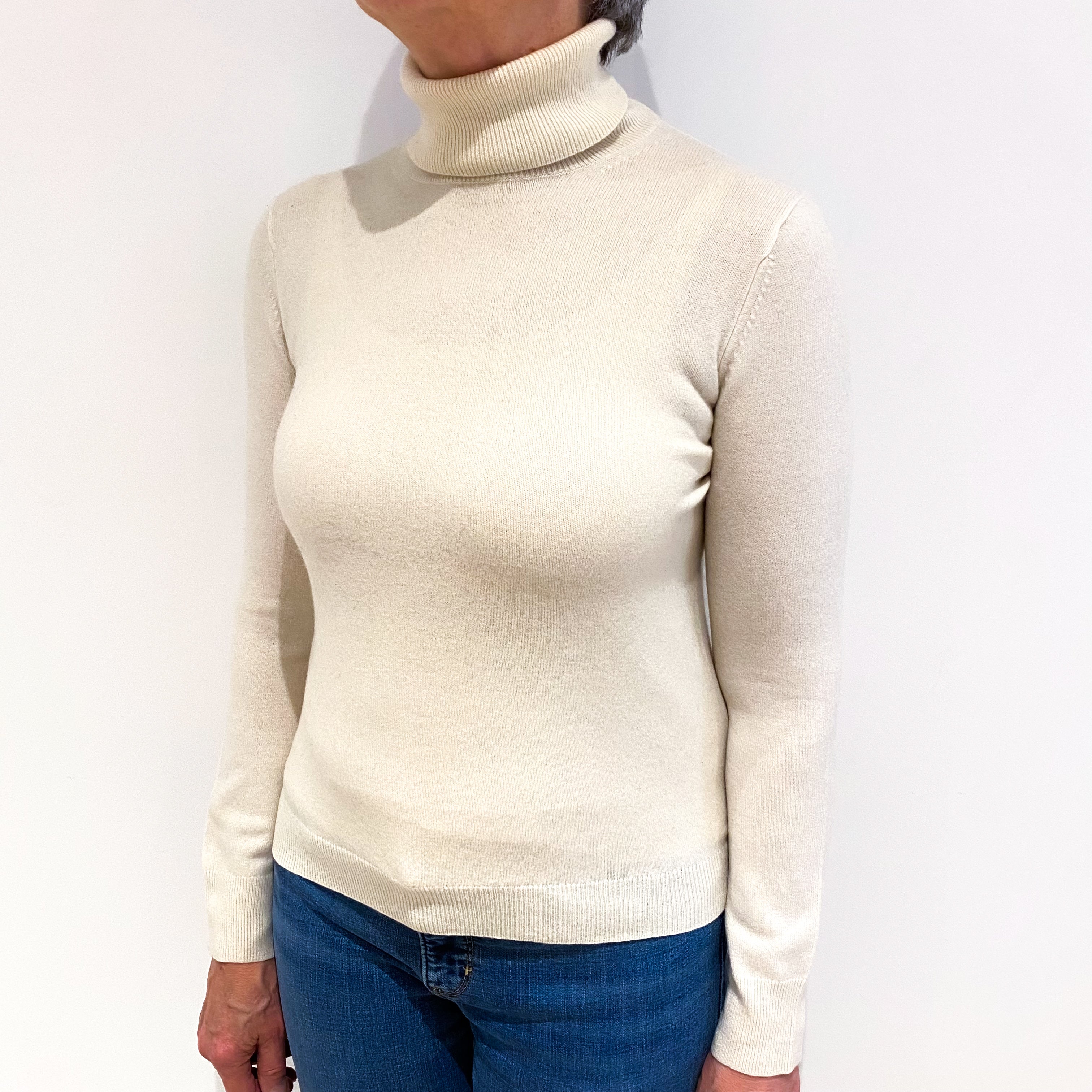 Ivory Cream Cashmere Polo Neck Jumper Medium