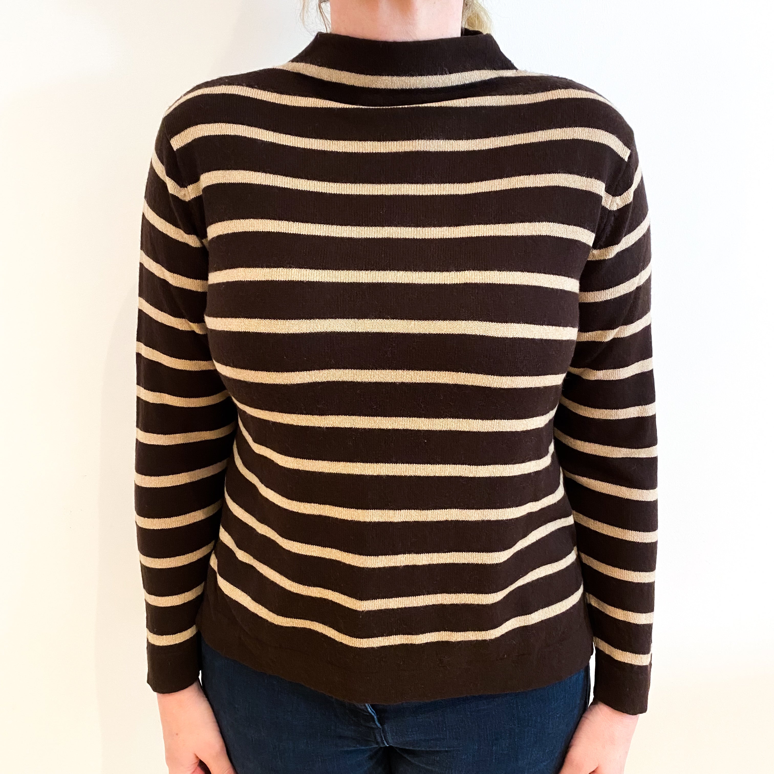Brown And Beige Stripe Cashmere Turtle Neck Jumper Large