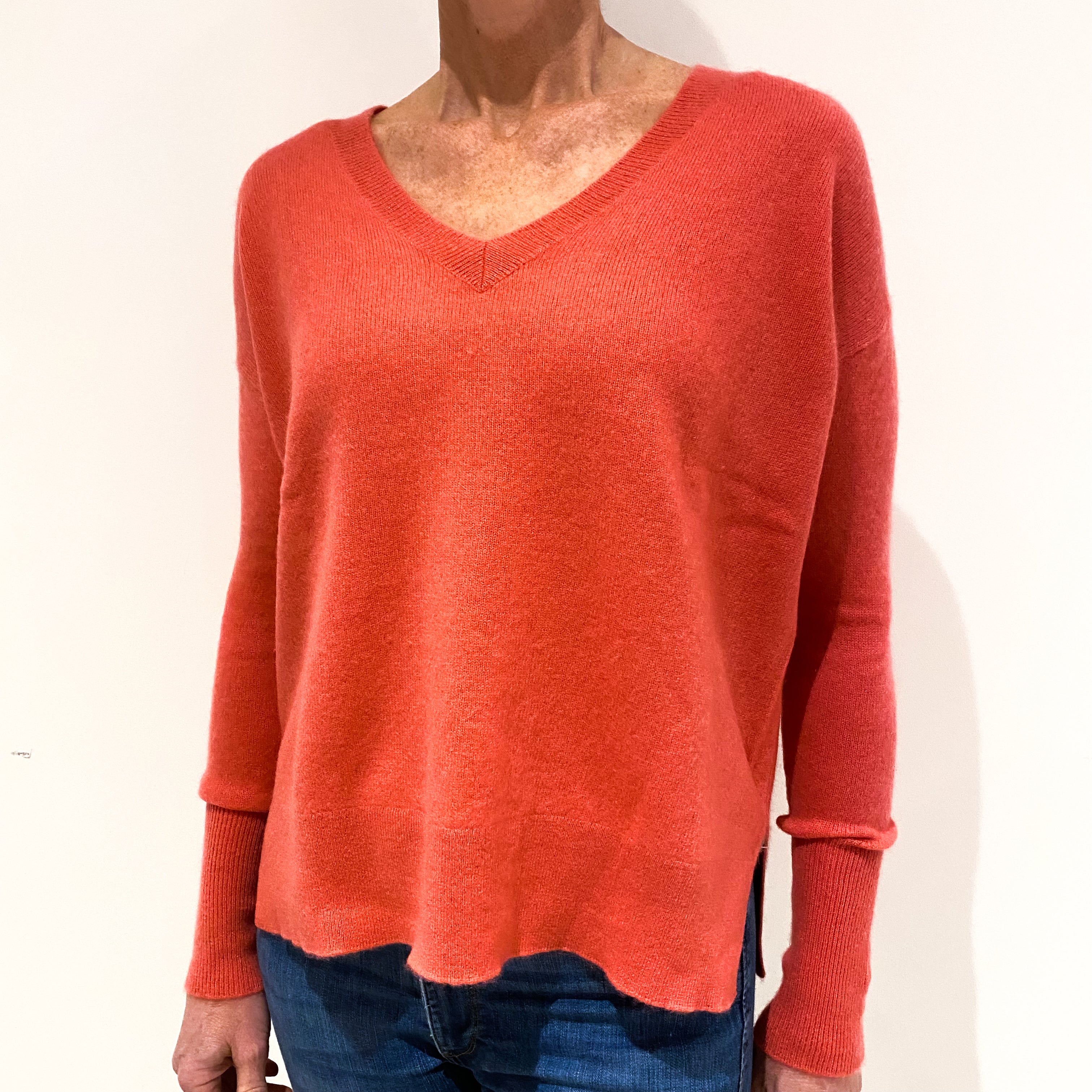 Dark Coral Pink Cashmere V-Neck Jumper Small