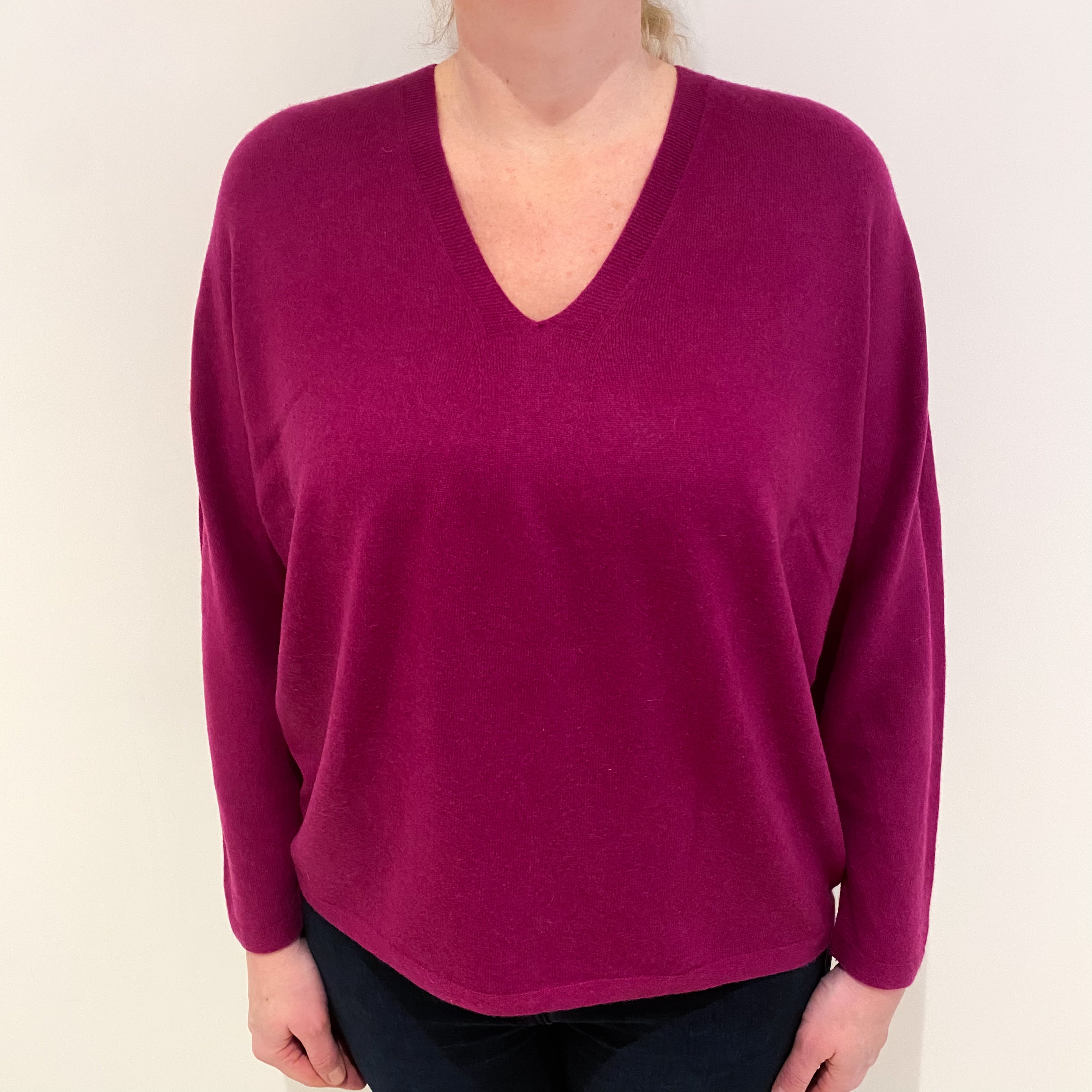 Magenta Pink Cashmere V Neck Batwing Jumper Large