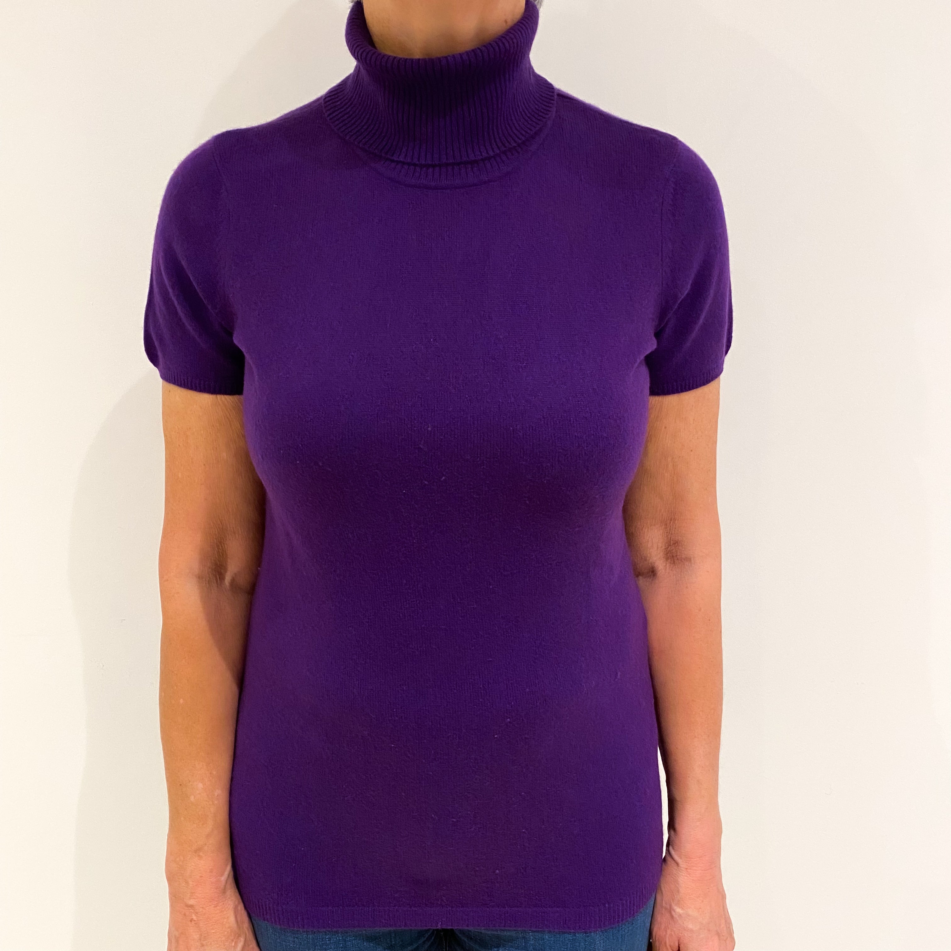 Electric Purple Cashmere Polo Neck Short Sleeved Jumper Medium