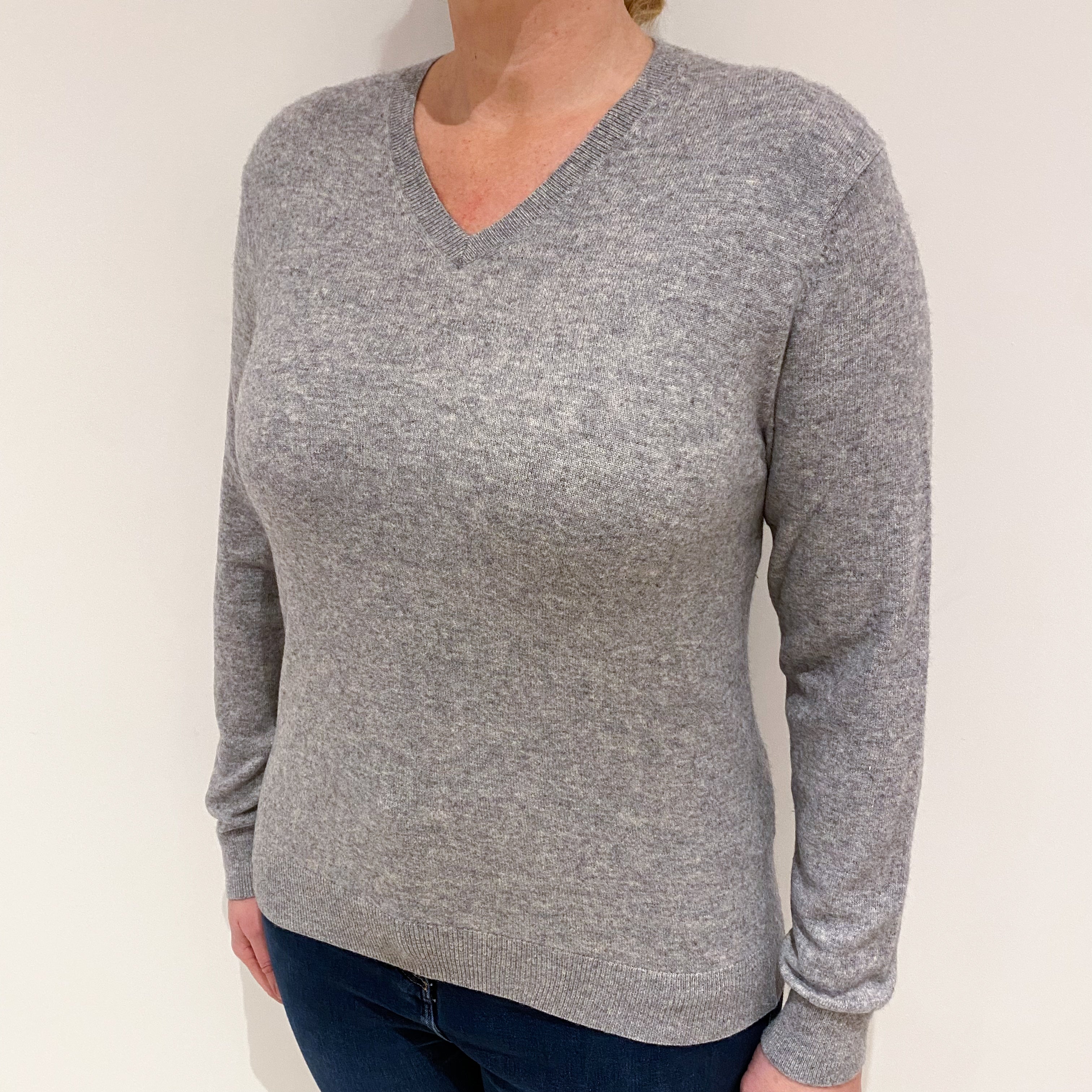 Smoke Grey Cashmere V-Neck Jumper Large