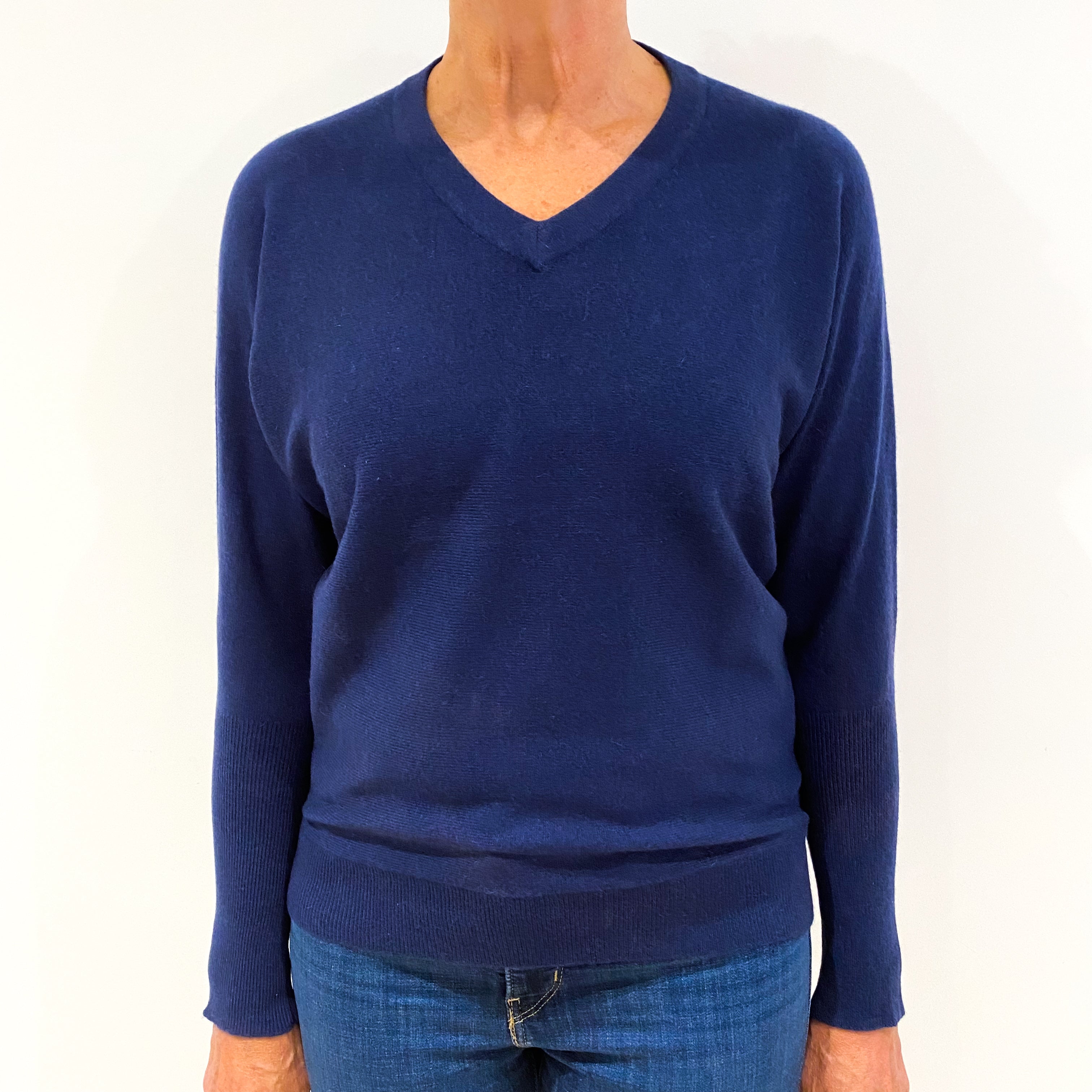 French Navy Blue Slouchy Batwing Cashmere V-Neck Jumper Medium