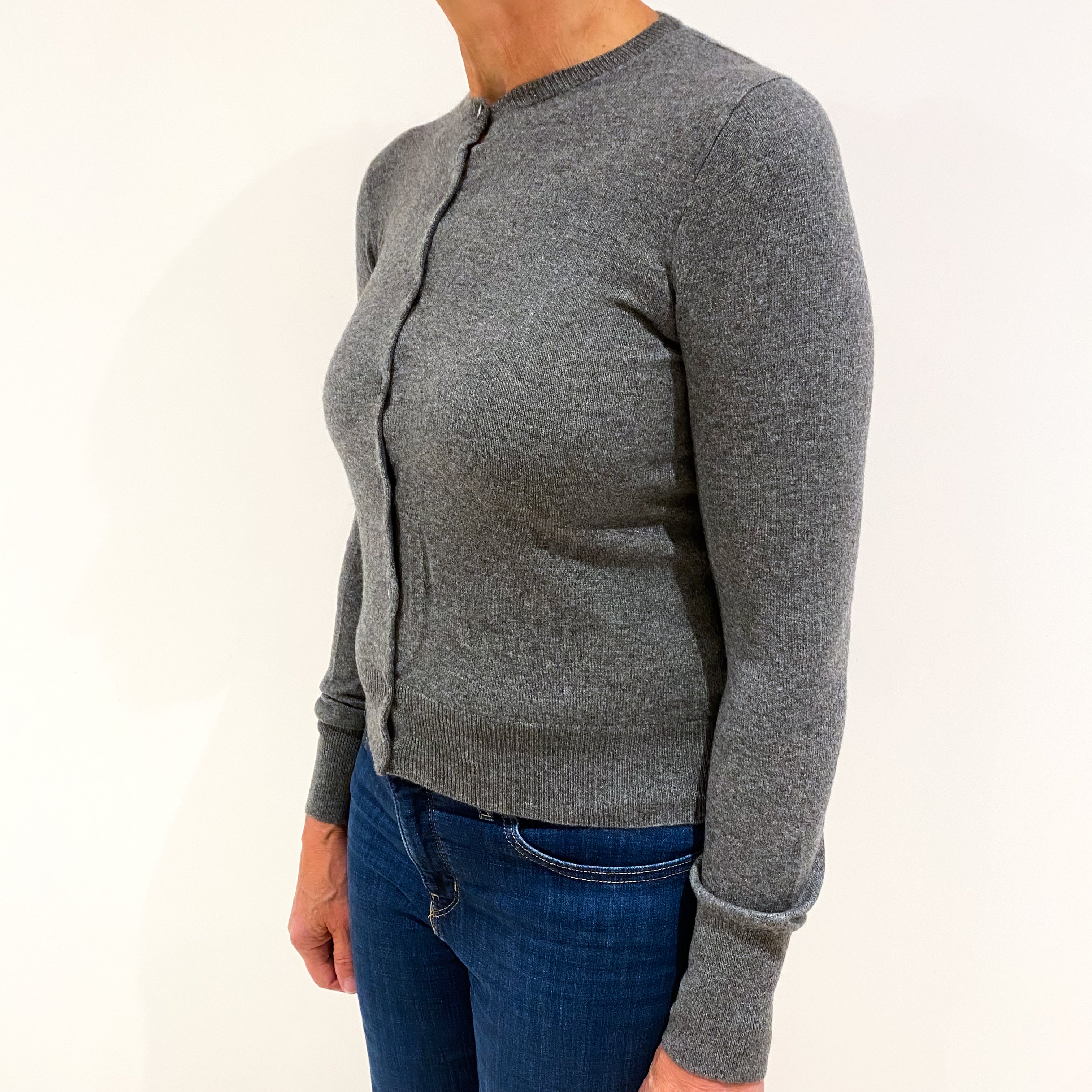 Slate Grey Cashmere Crew Neck Cardigan Medium