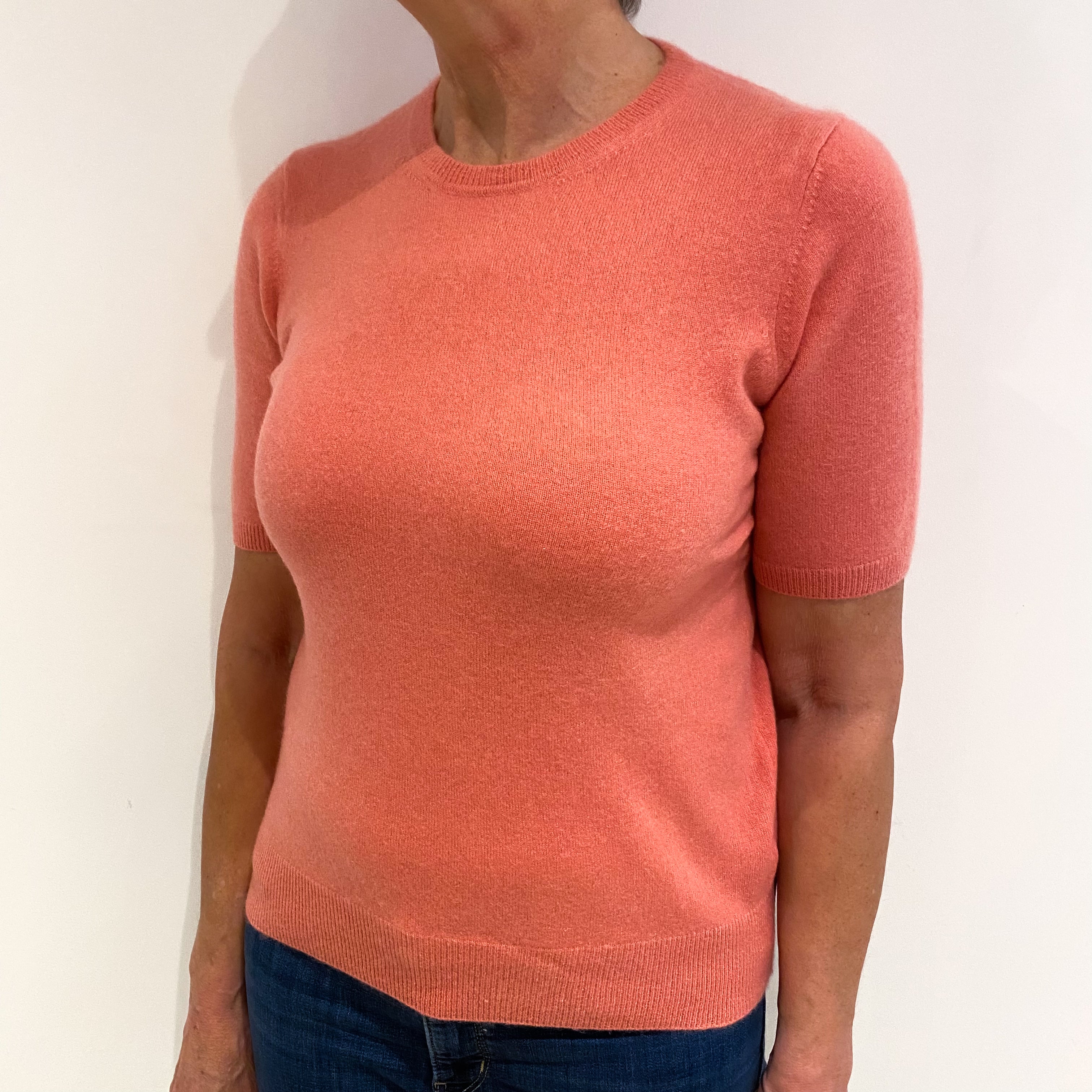 Peach Pink Cashmere Crew Neck Short Sleeved Jumper Medium