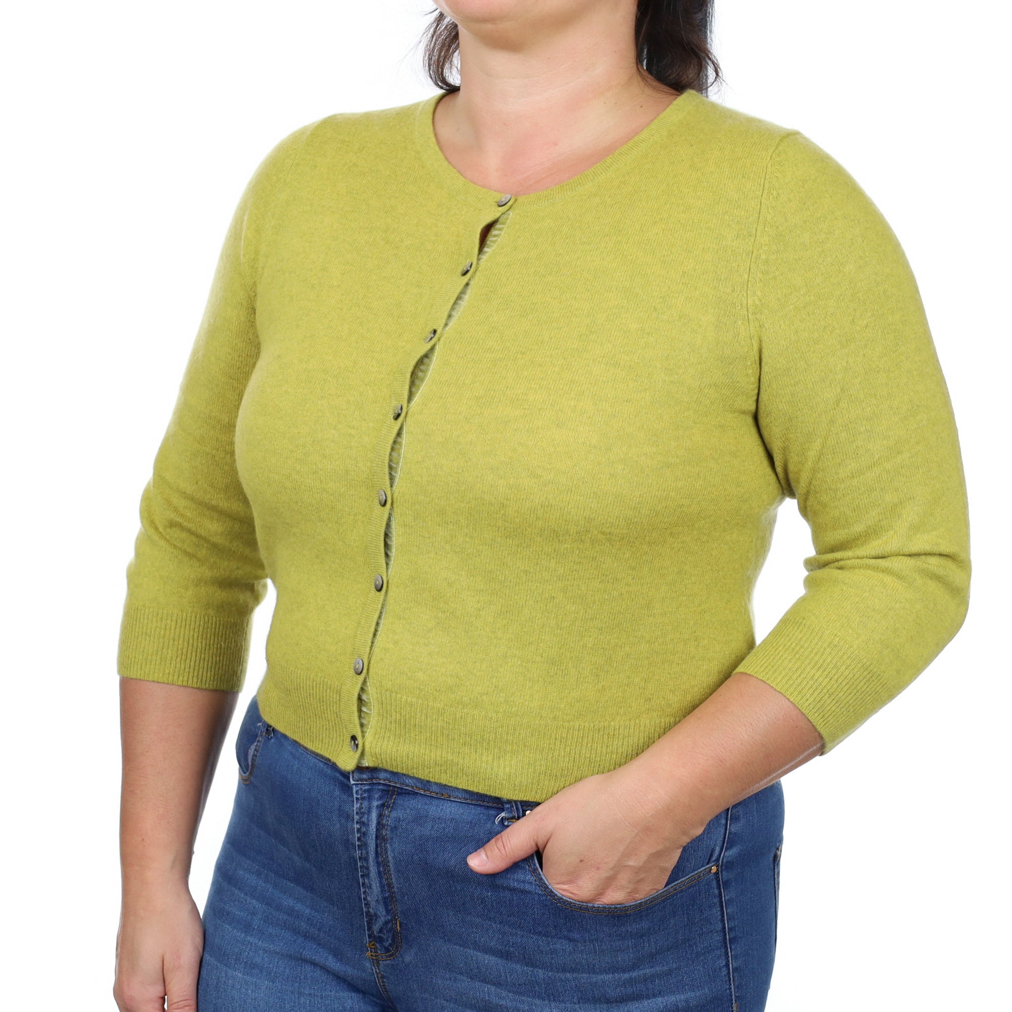 Lichen Green Cashmere Crew Neck Cardigan Large